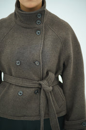 Manteau Court en Laine Ceinturé à Double Boutonnage