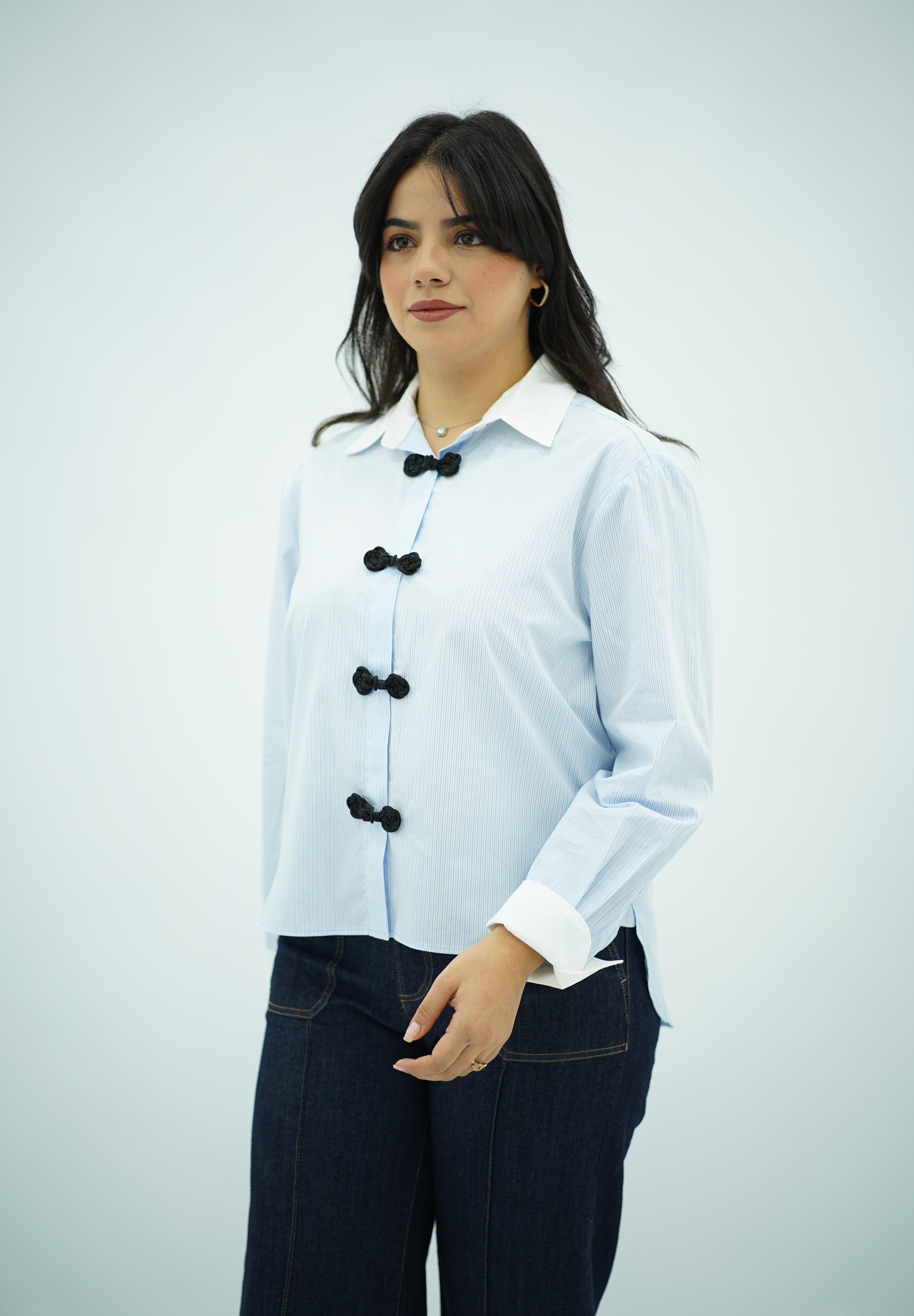 Chemise Rayée en bleu ciel à Nœuds Chinois