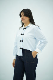 Chemise Rayée en bleu ciel à Nœuds Chinois