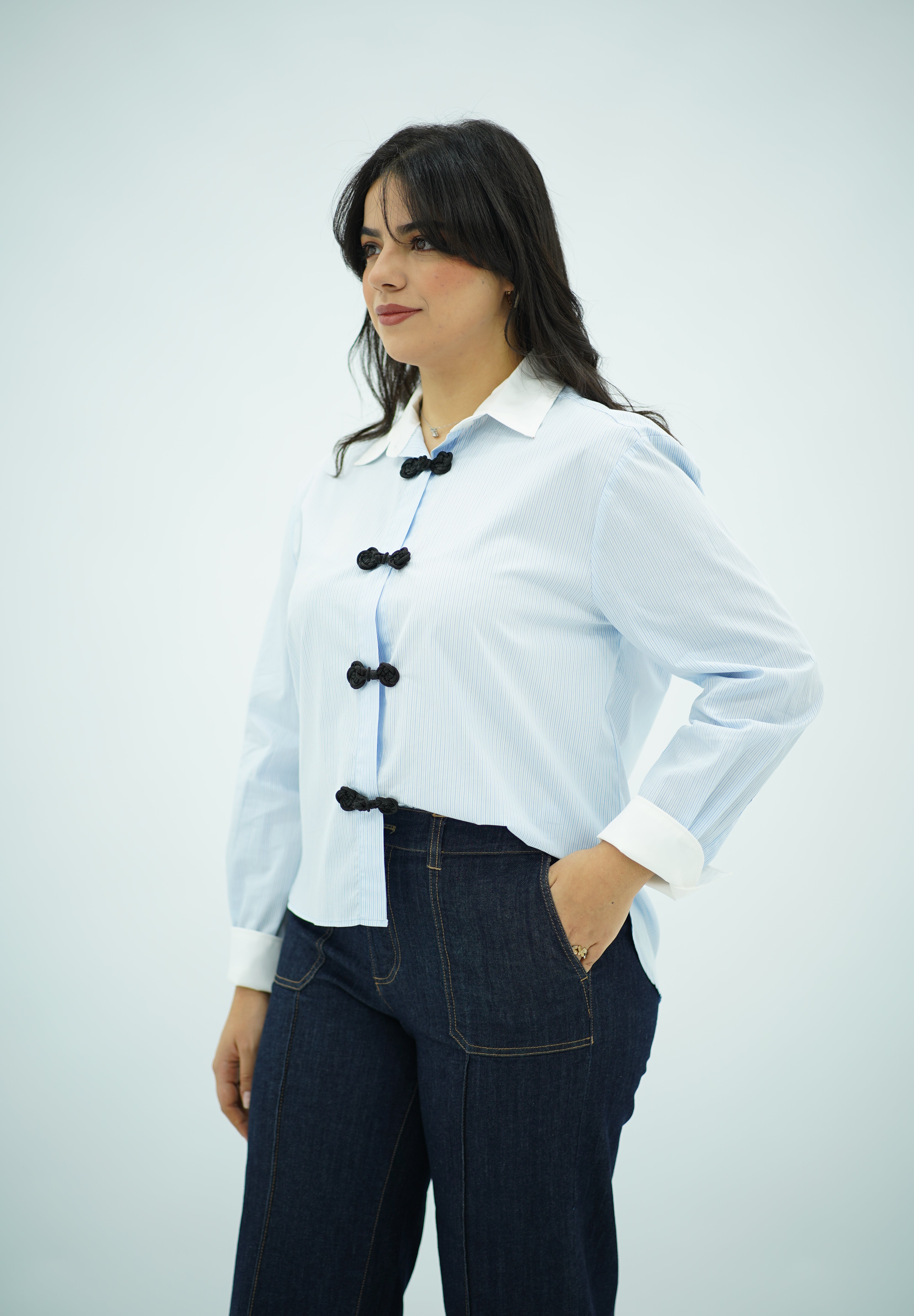 Chemise Rayée en bleu ciel à Nœuds Chinois