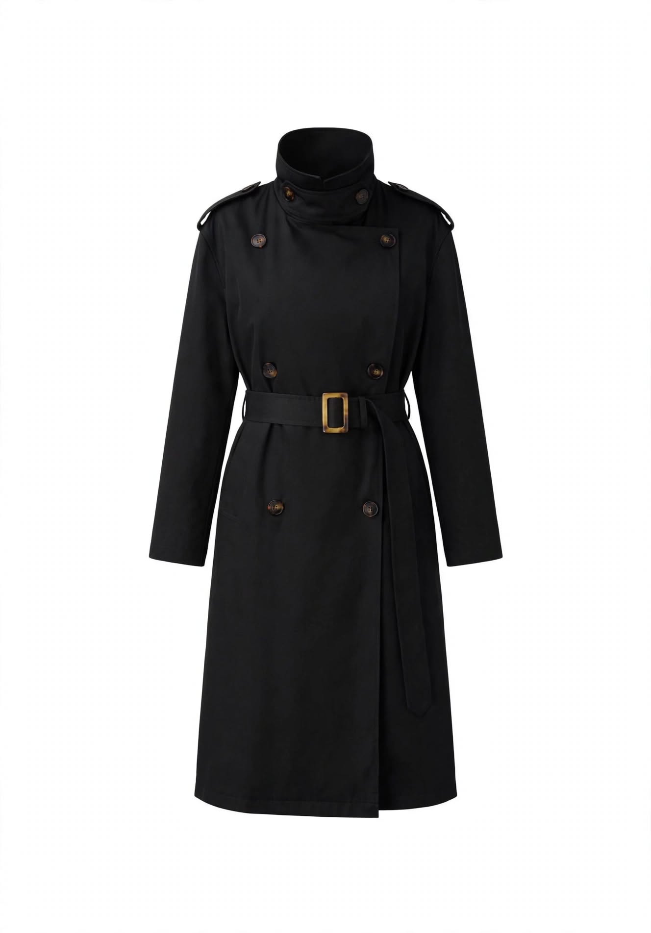 Trench Long Ceinturé Noir  – Col Montant & Boutonnage Croisé