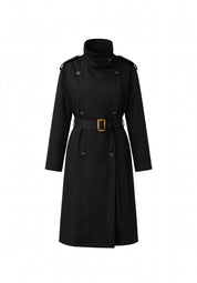 Trench Long Ceinturé Noir  – Col Montant & Boutonnage Croisé