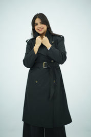 Trench Long Ceinturé Noir  – Col Montant & Boutonnage Croisé