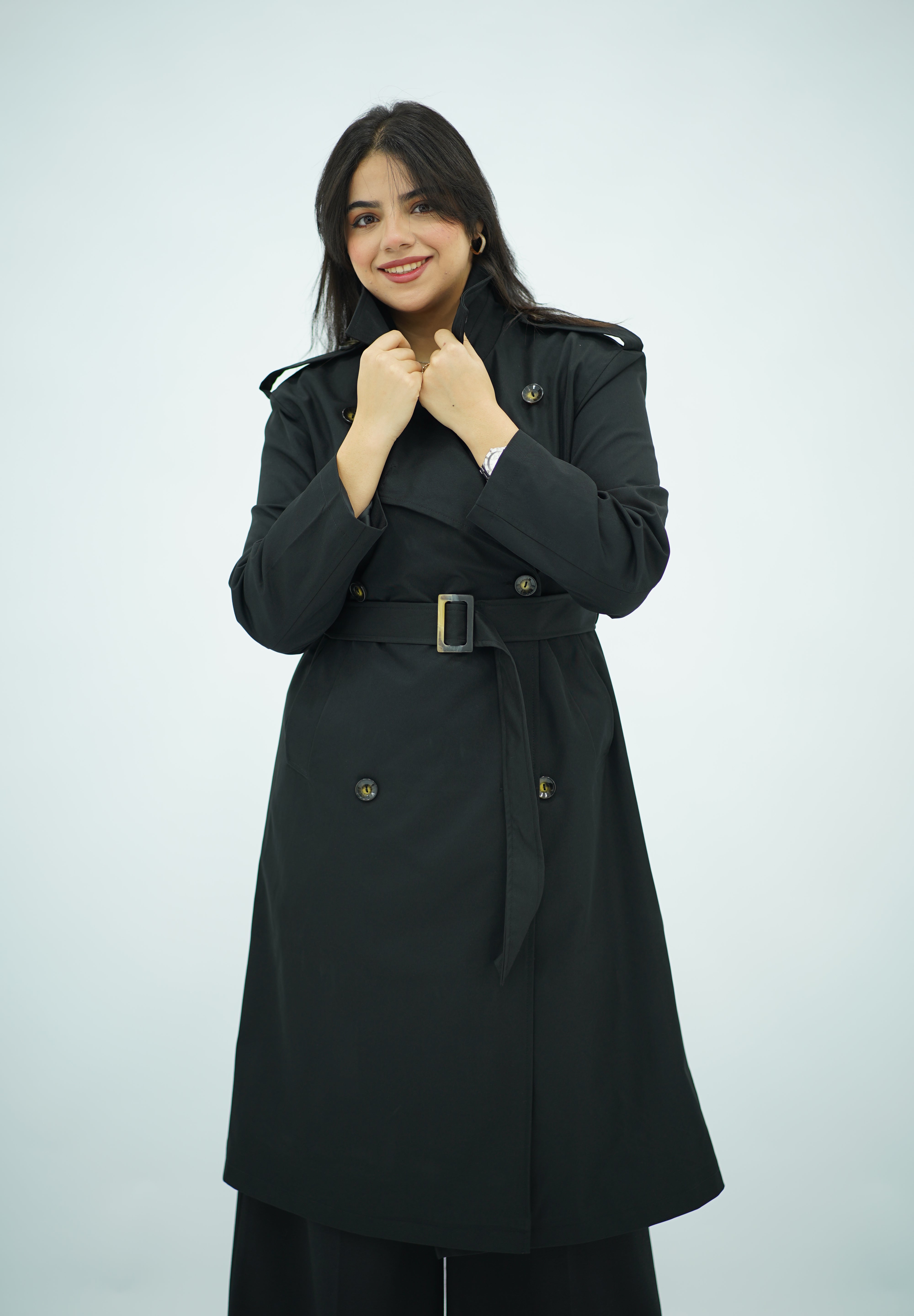 Trench Long Ceinturé Noir  – Col Montant & Boutonnage Croisé