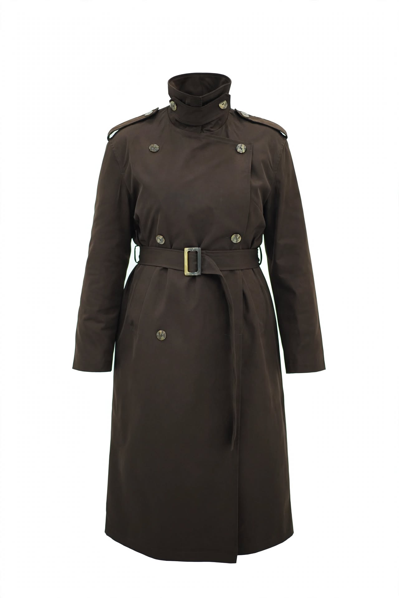 Trench Long Ceinturé Marron   – Col Montant & Boutonnage Croisé