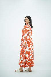 Robe Longue à Motif Floral Abstrait Orange