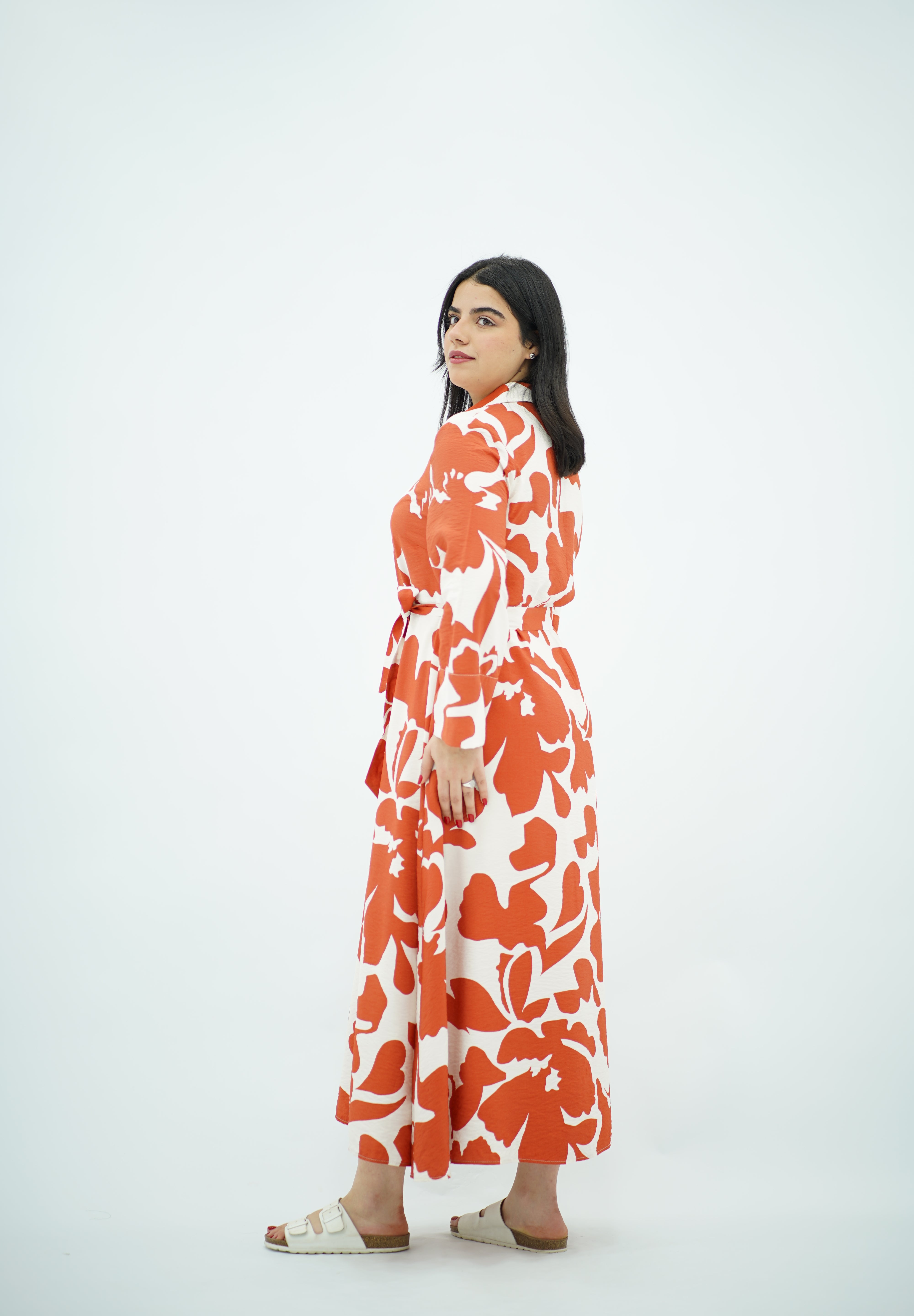 Robe Longue à Motif Floral Abstrait Orange