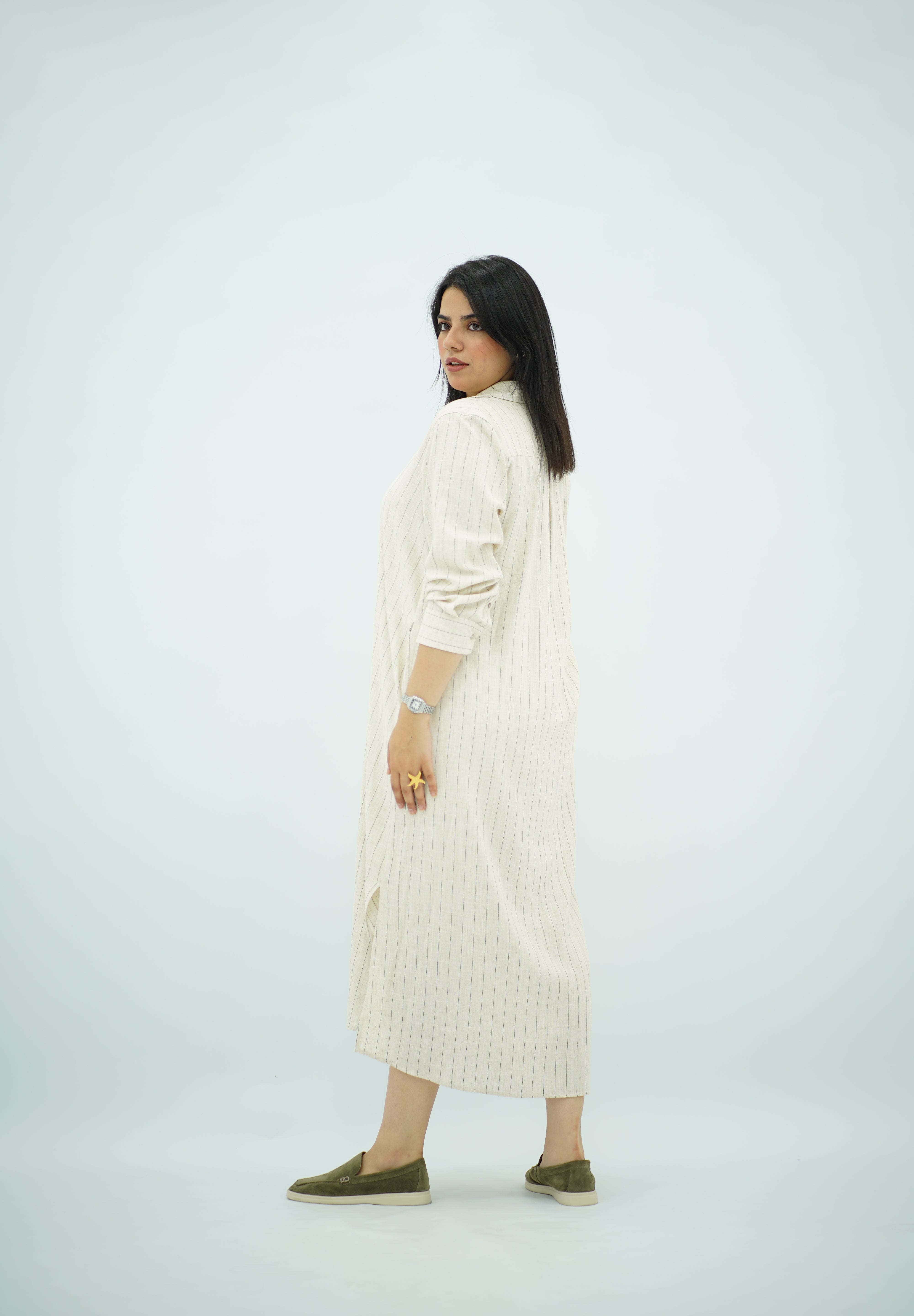 Robe Chemise Longue en Lin Rayé