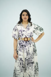 Robe Blanche à Motif Toile de Jouy Urbain