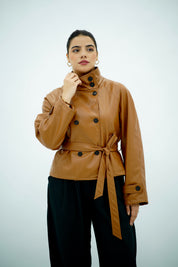 Trensh col montant en similicuir -camel
