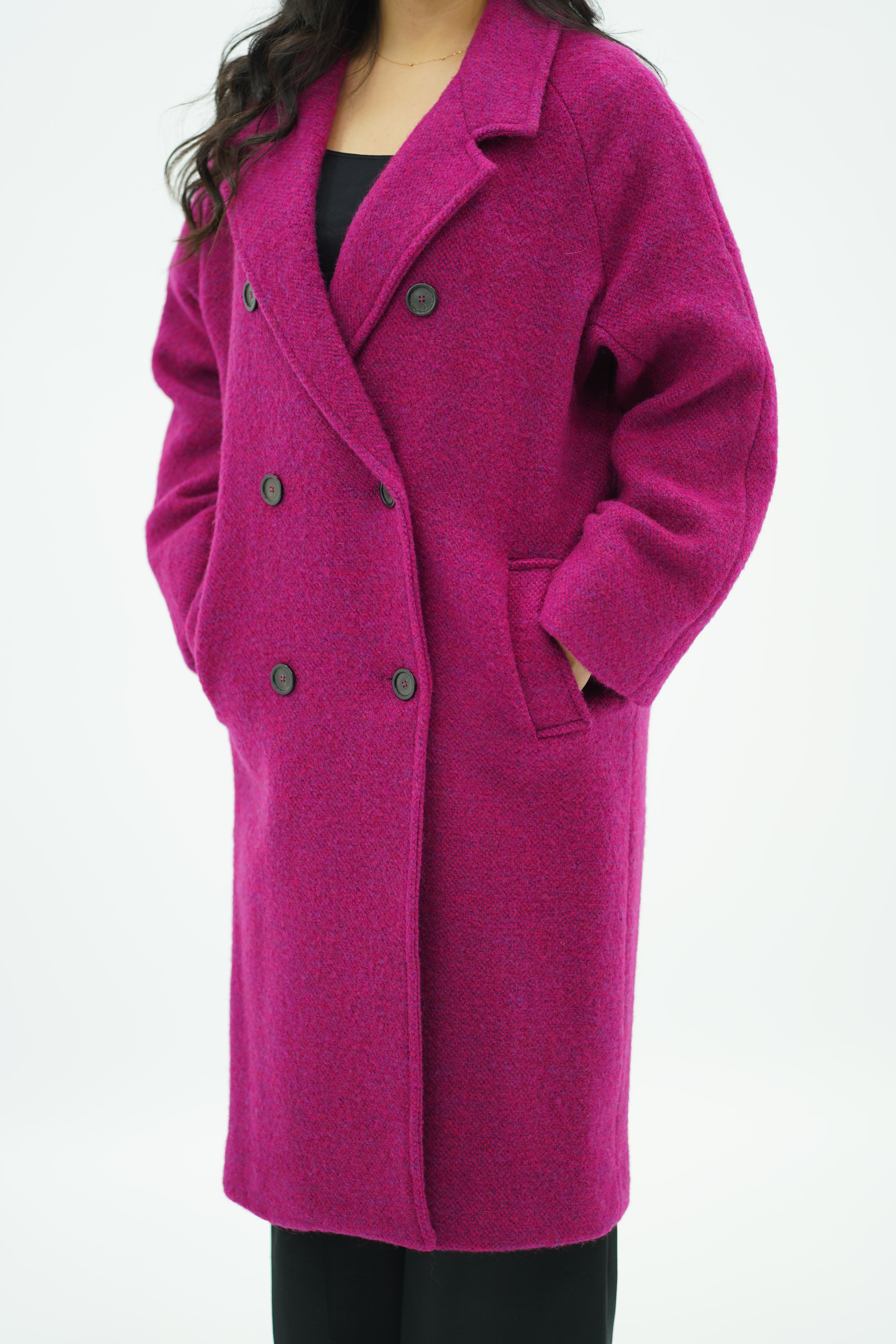 Manteau en Laine Bouclée Fushia Vif