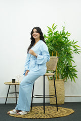 Ensemble bleu ciel en lin style kimono