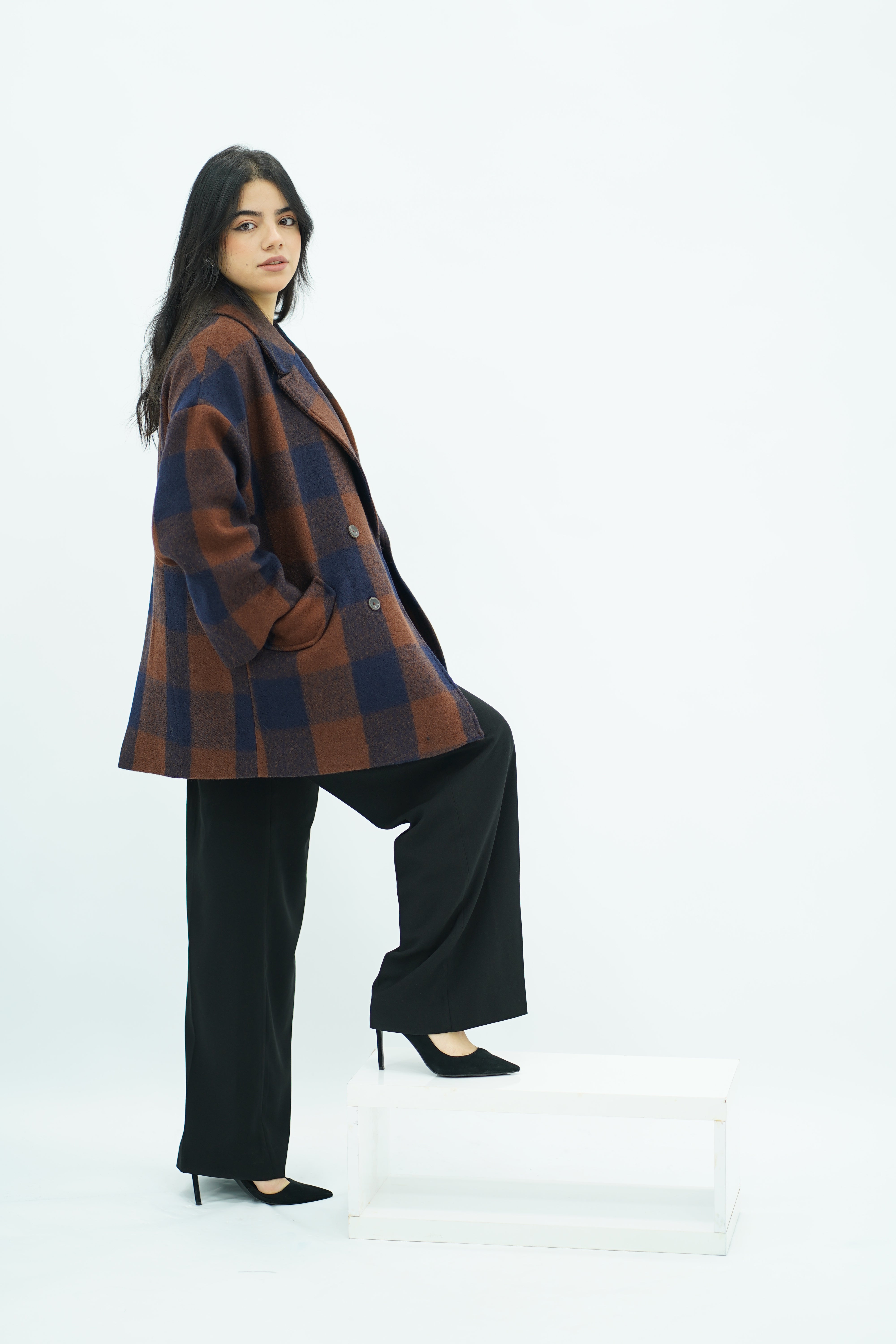 Manteau Mi-Long Oversize à Carreaux