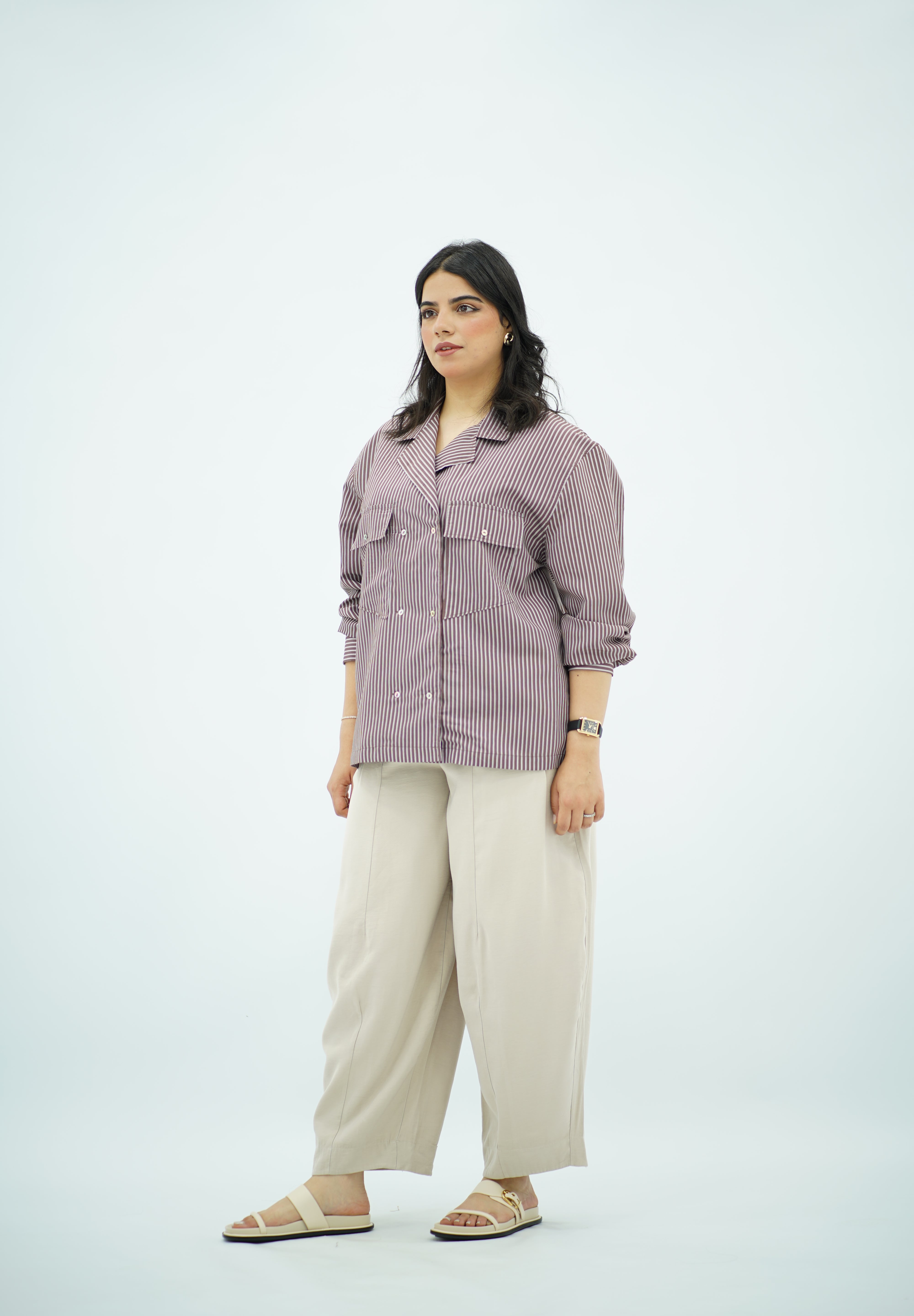 Chemise Rayée Style Saharienne à Double Boutonnage