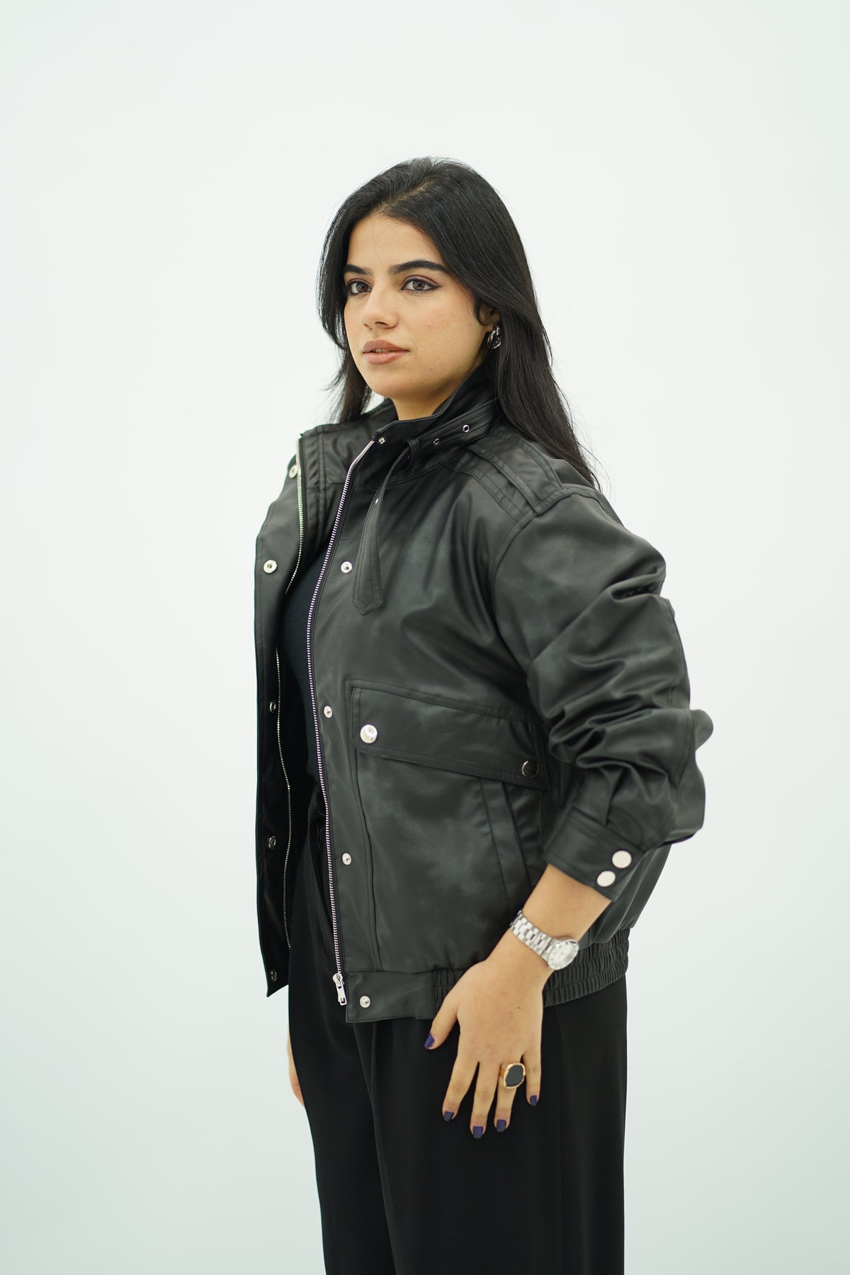 Bomber Noir en similicuir effet vieilli