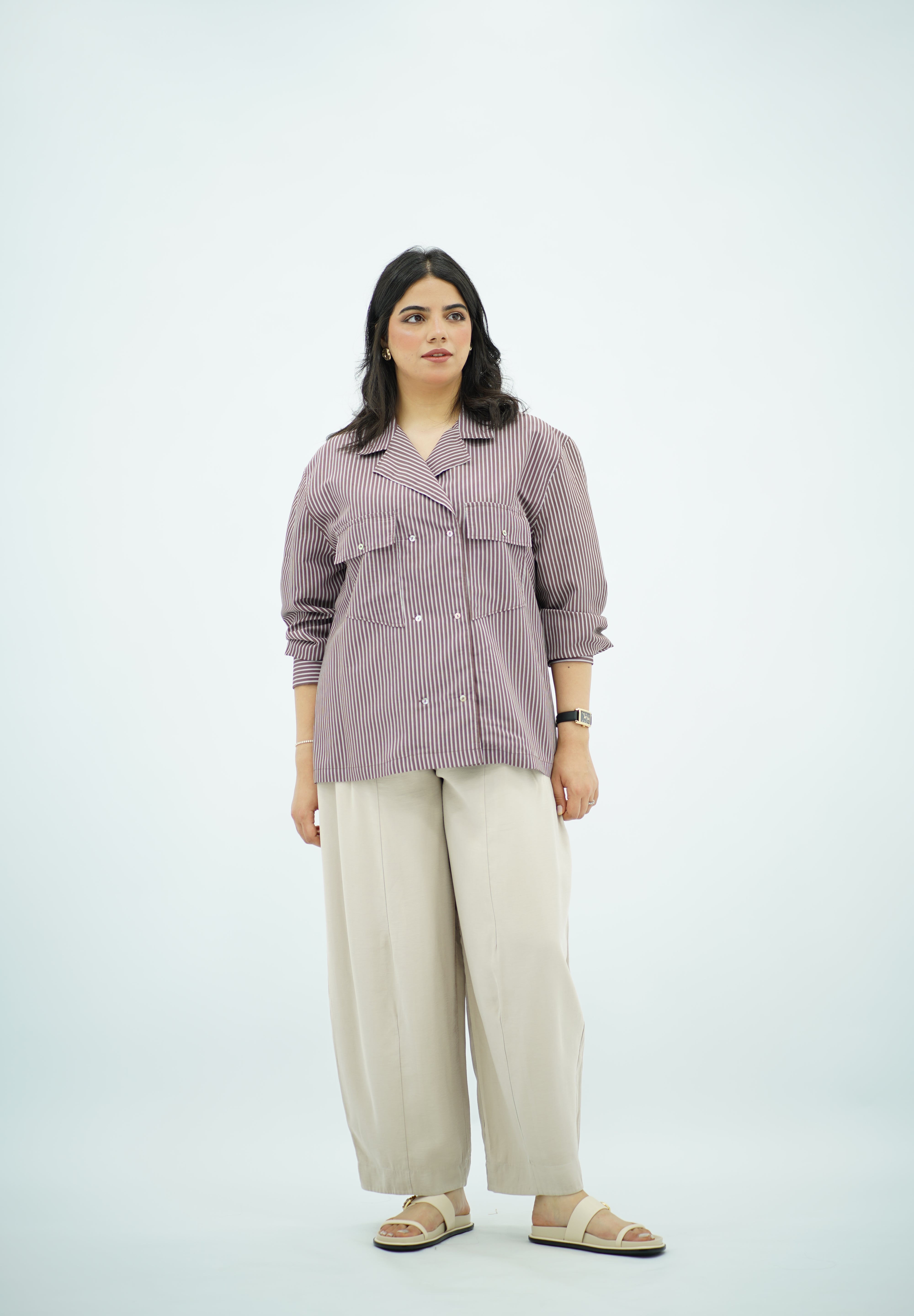 Chemise Rayée Style Saharienne à Double Boutonnage