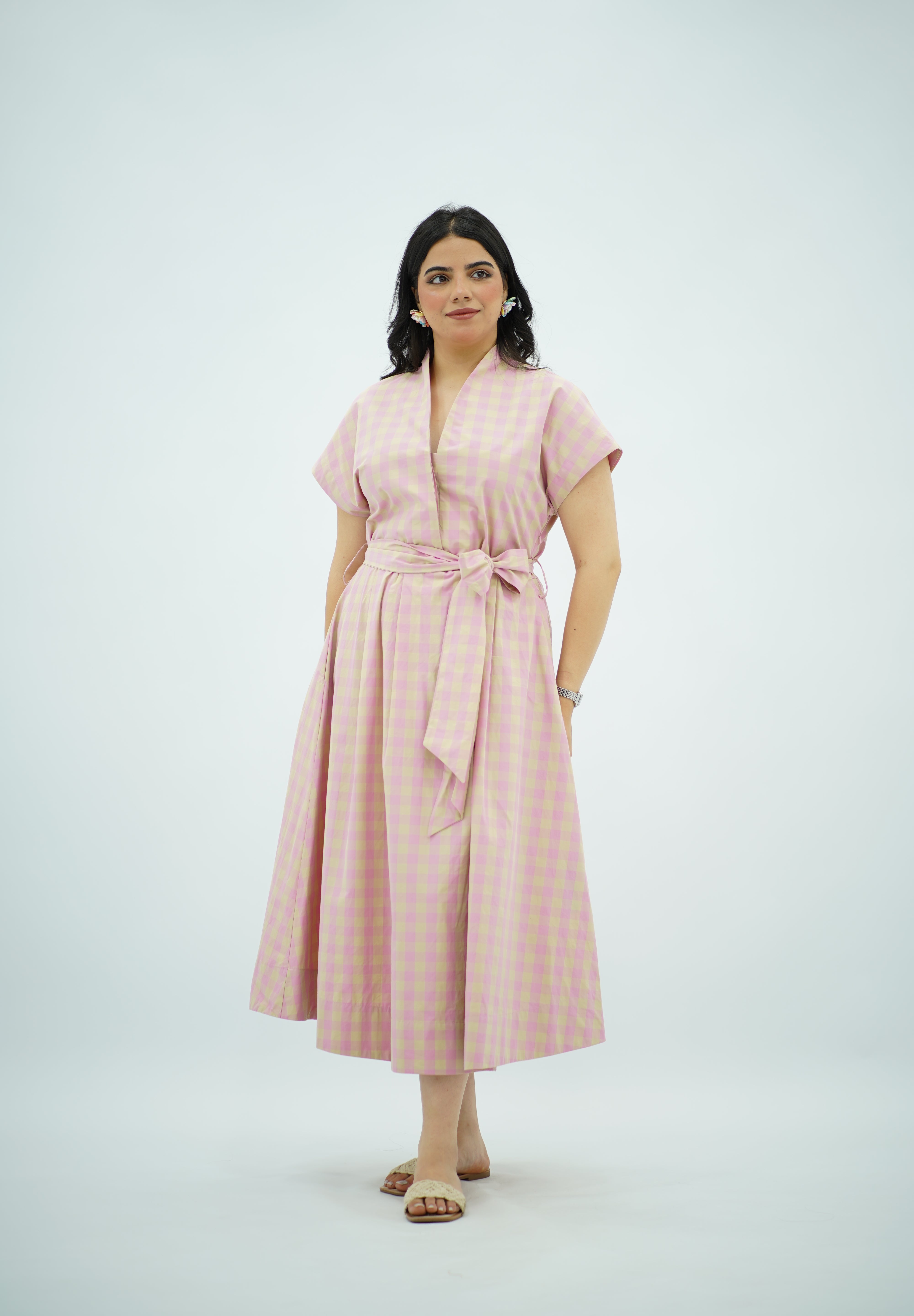Robe Midi Vichy Rose et Beige