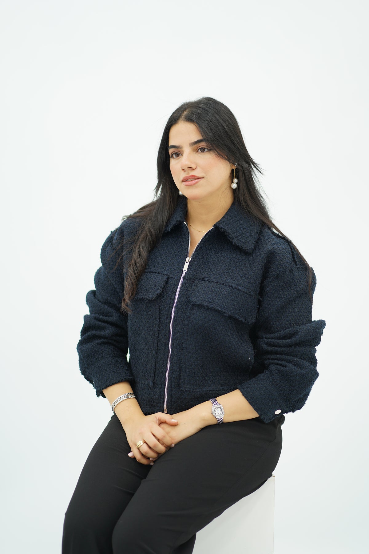 Bomber Bleu marine en tweed