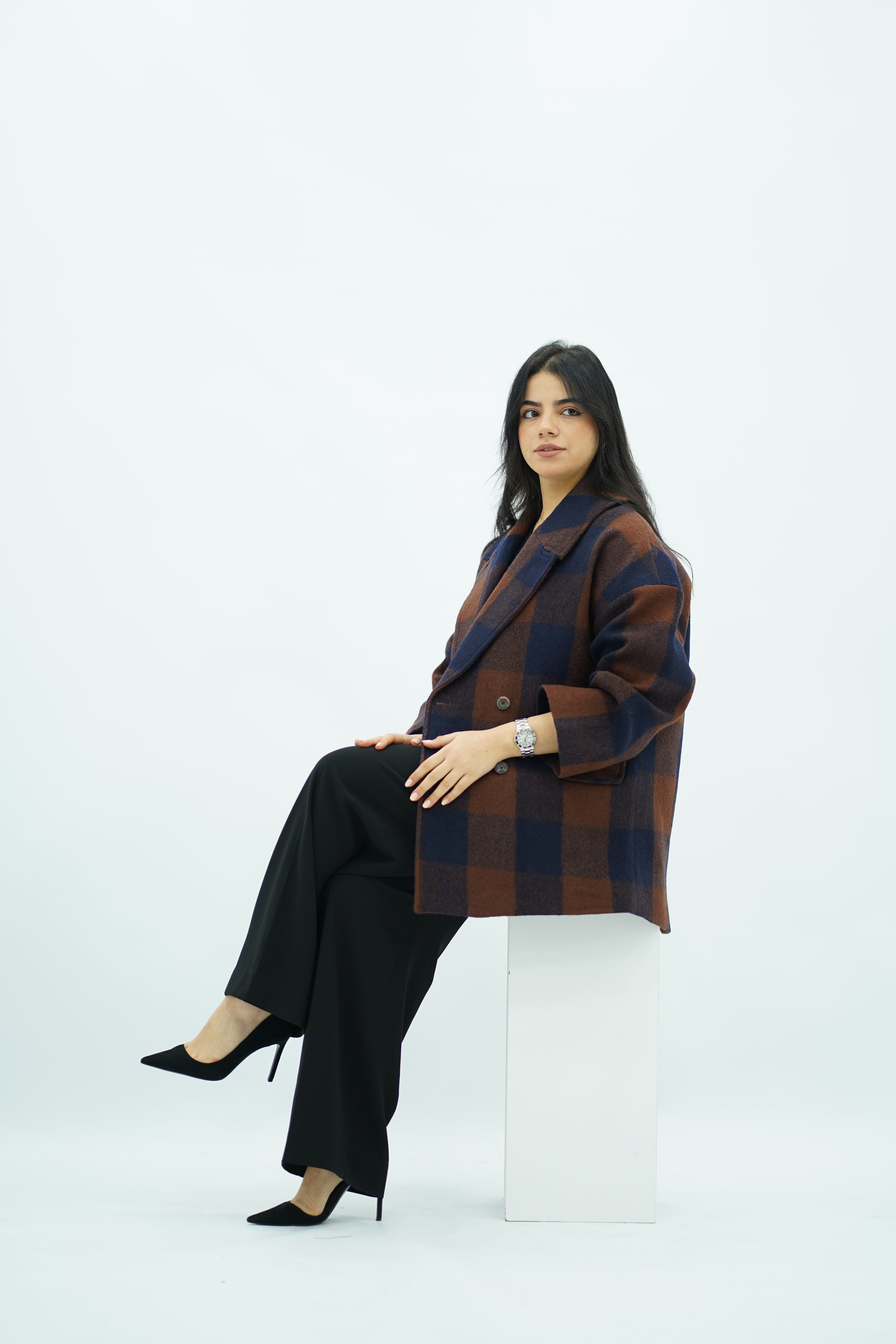 Manteau Mi-Long Oversize à Carreaux