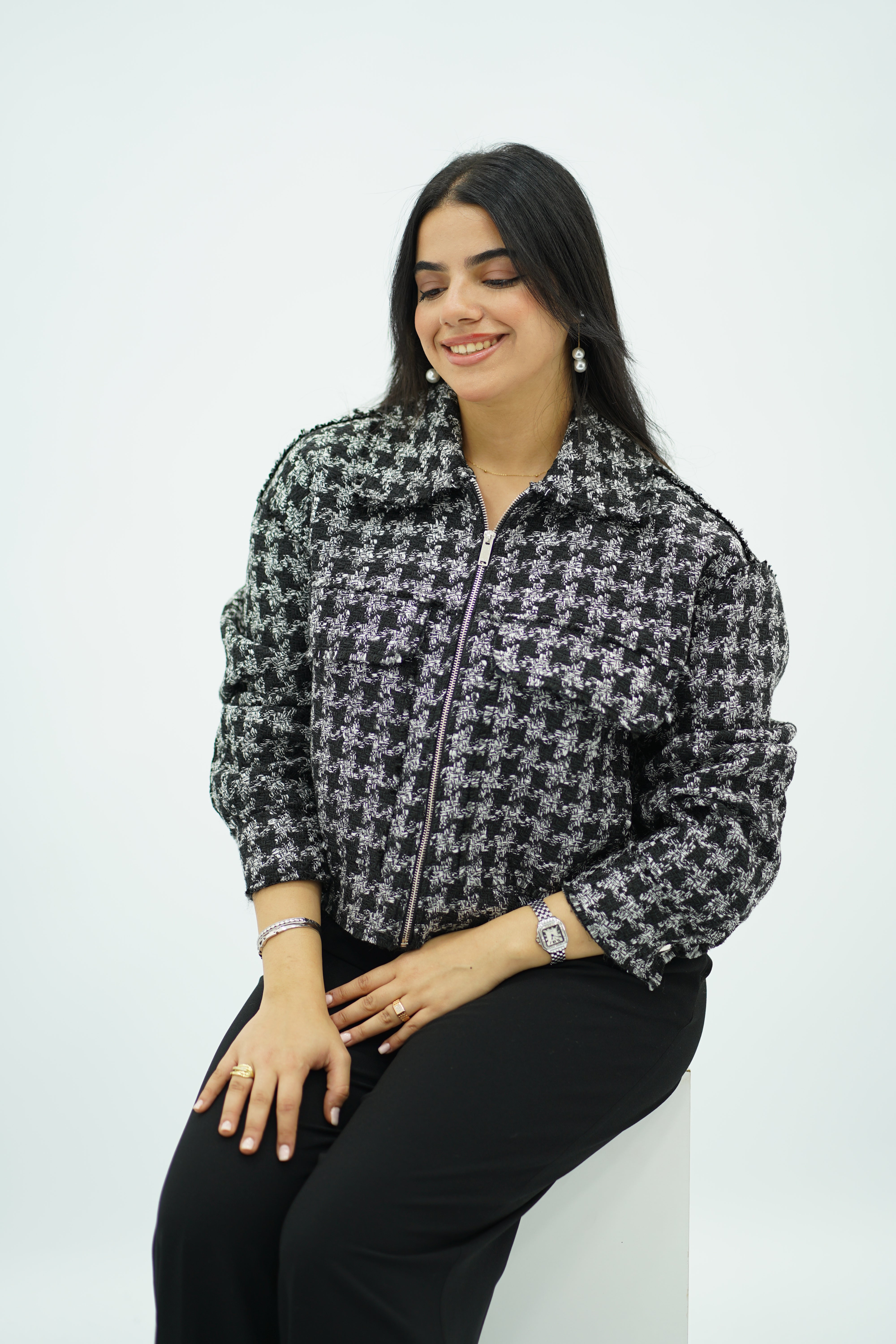 Bomber à carreaux en tweed Blanc et Noir