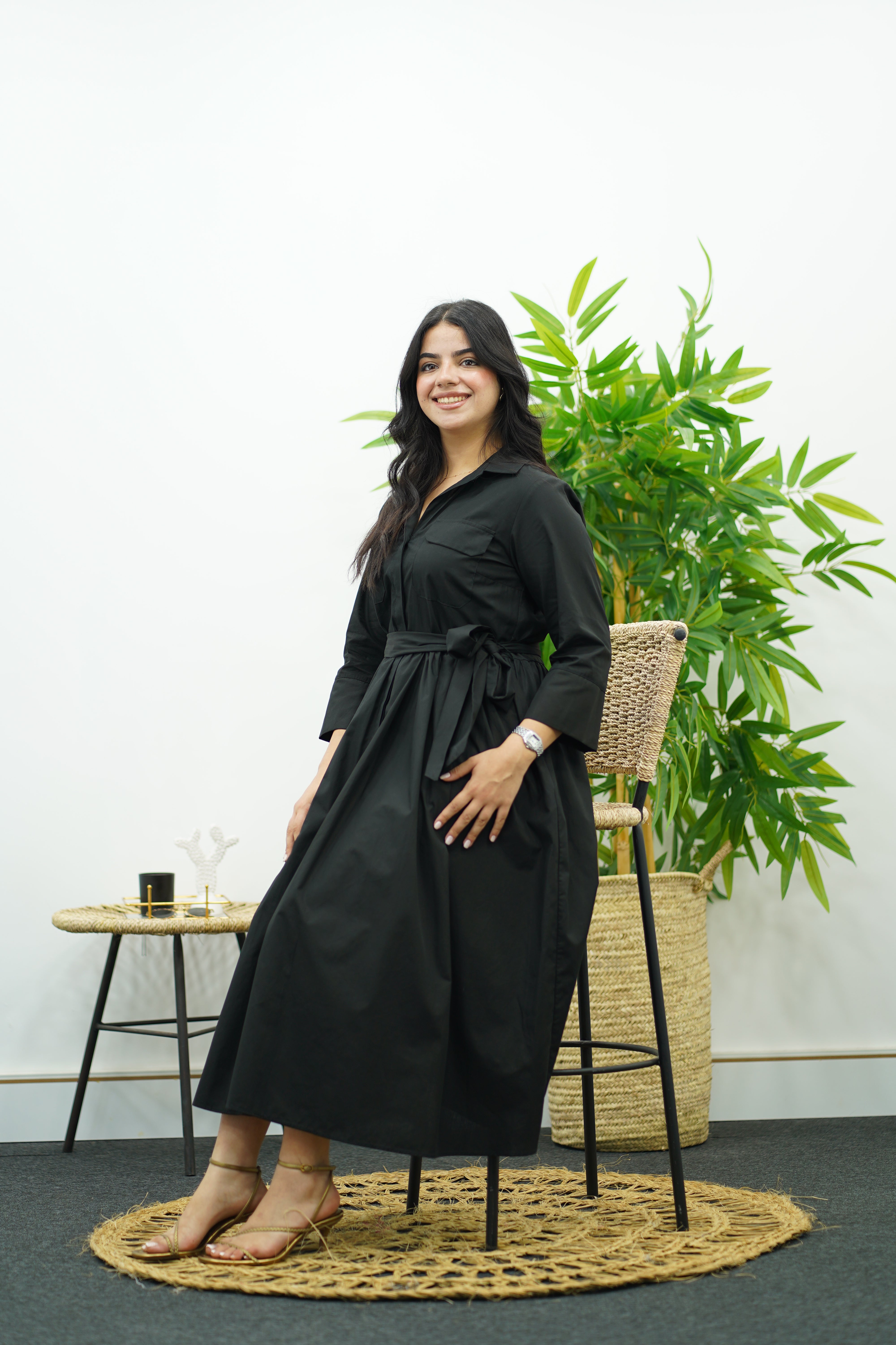 Robe noire à ceinture - En popeline