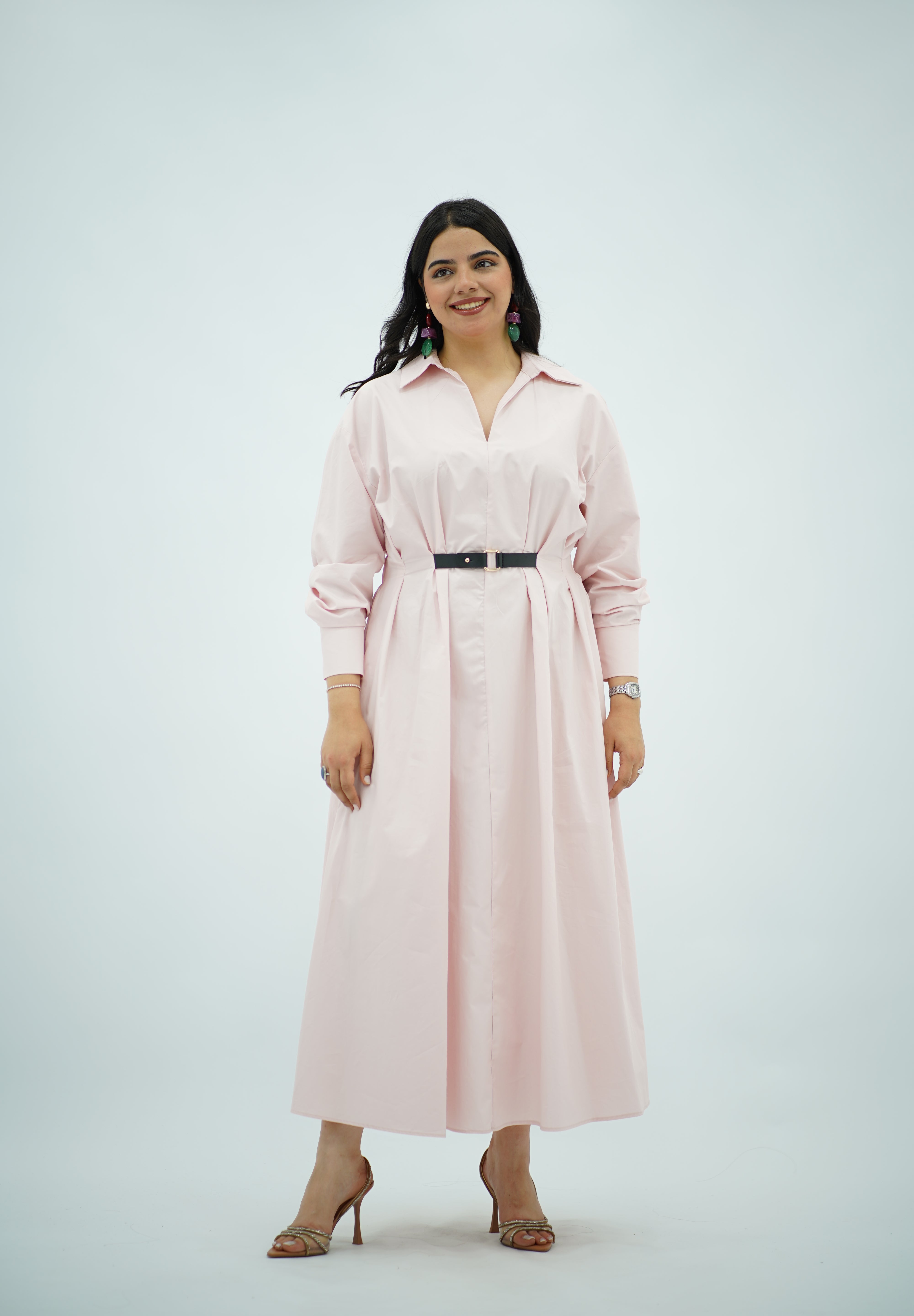 Robe chemise ceinturée rose poudré