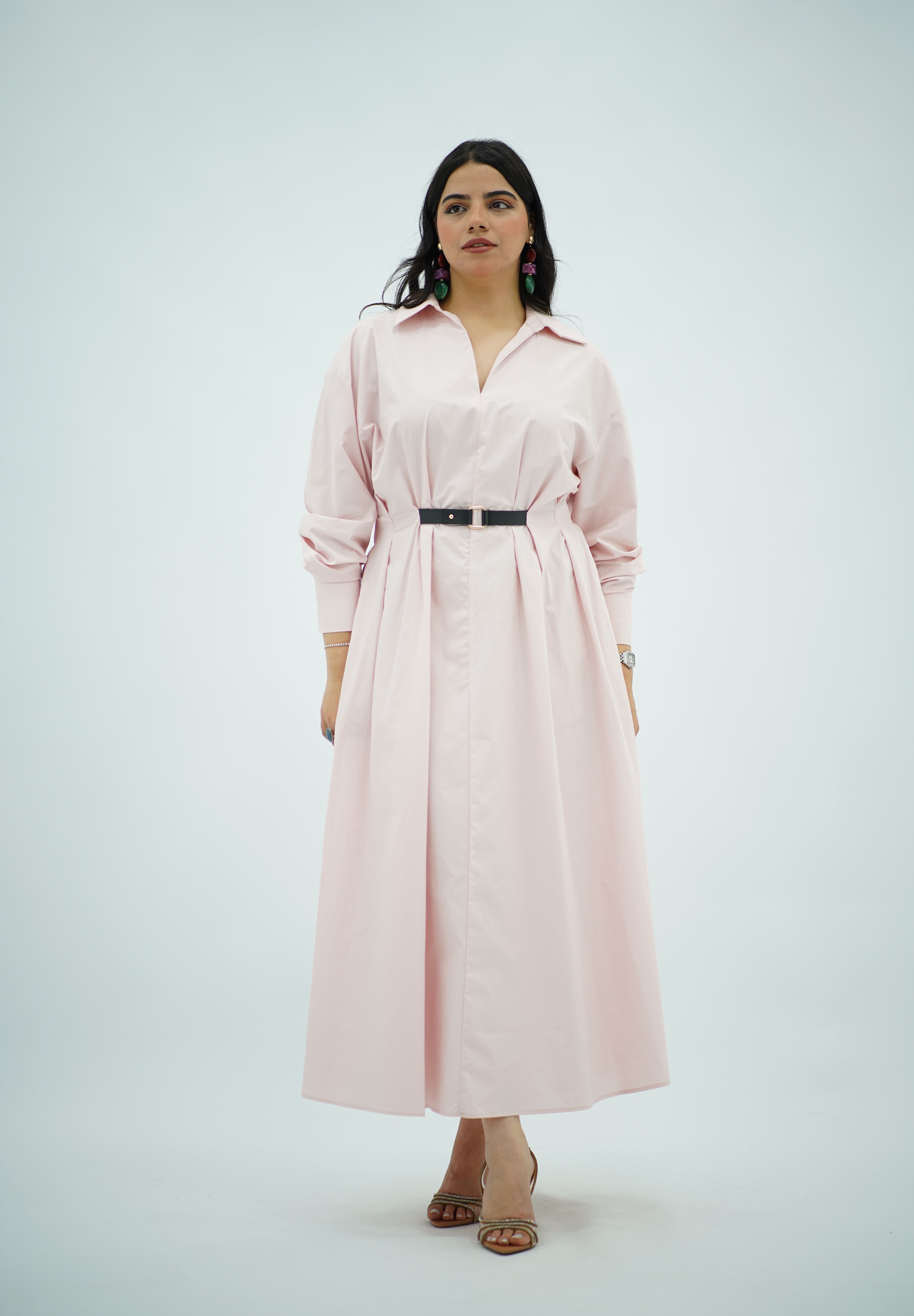 Robe chemise ceinturée rose poudré