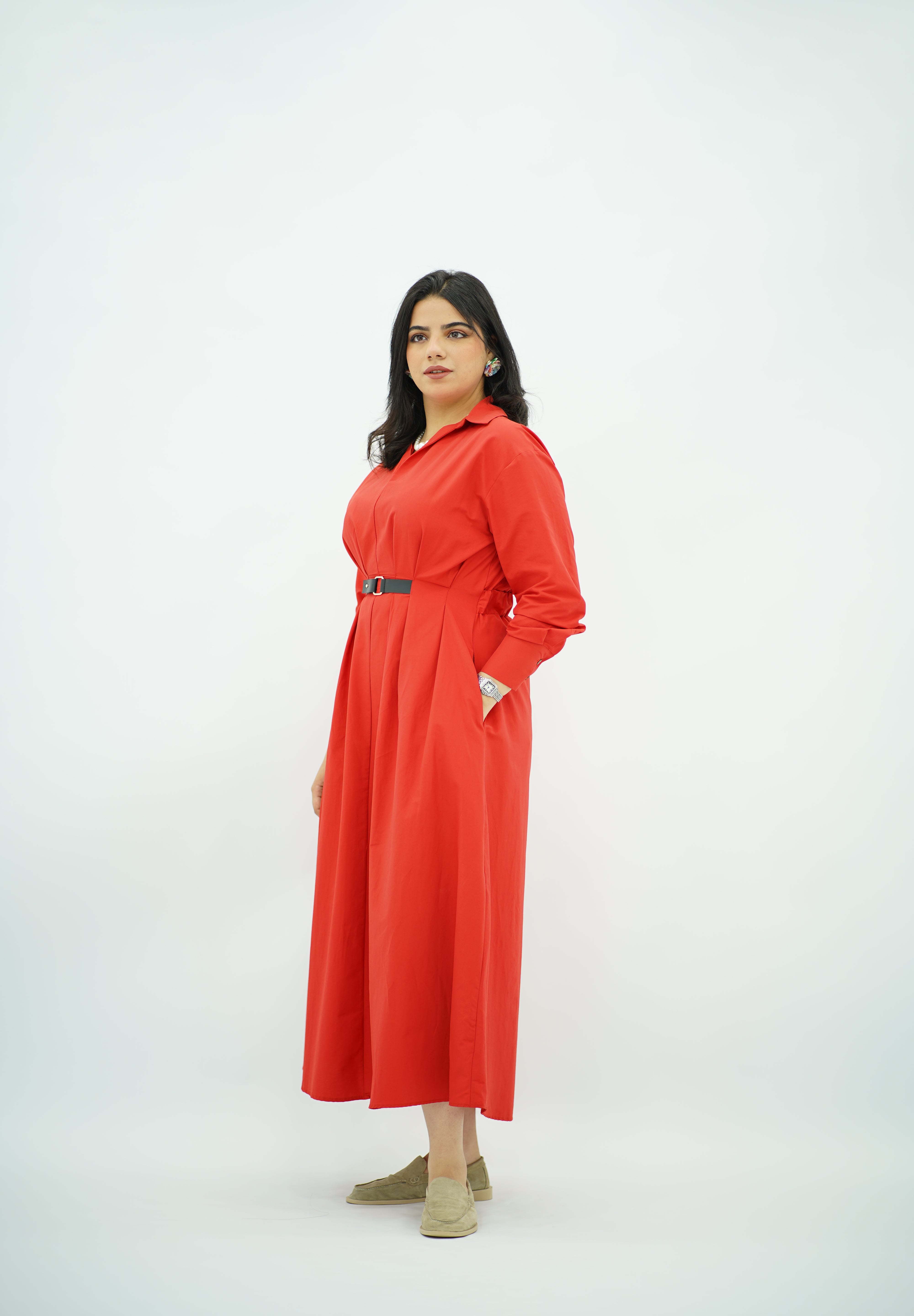 Robe En popeline ceinturé Rouge