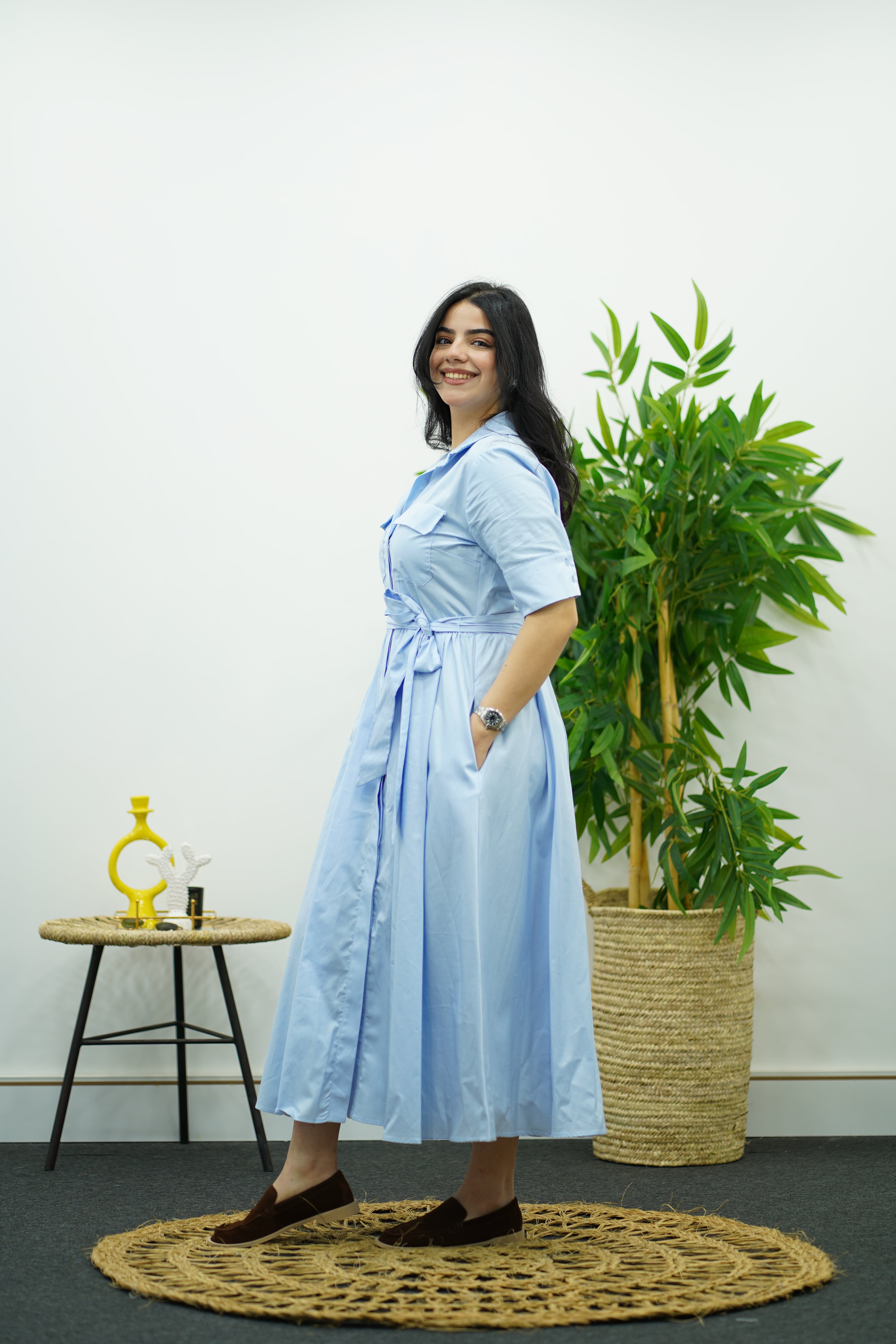 Robe En Popeline - Bleu Ciel