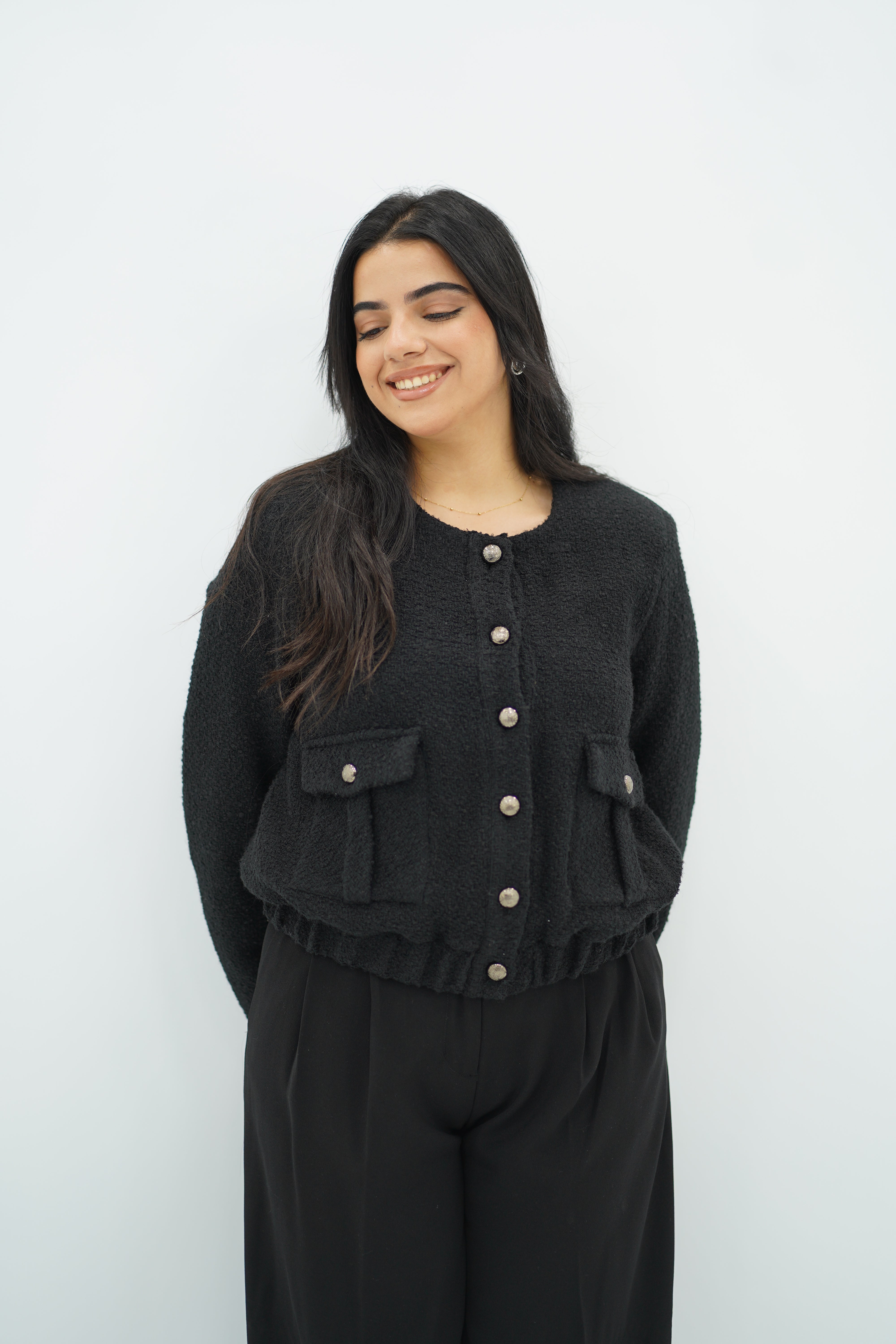 Bomber Noir en Tweed Bouclé