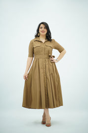 Robe midi Camel en Popeline