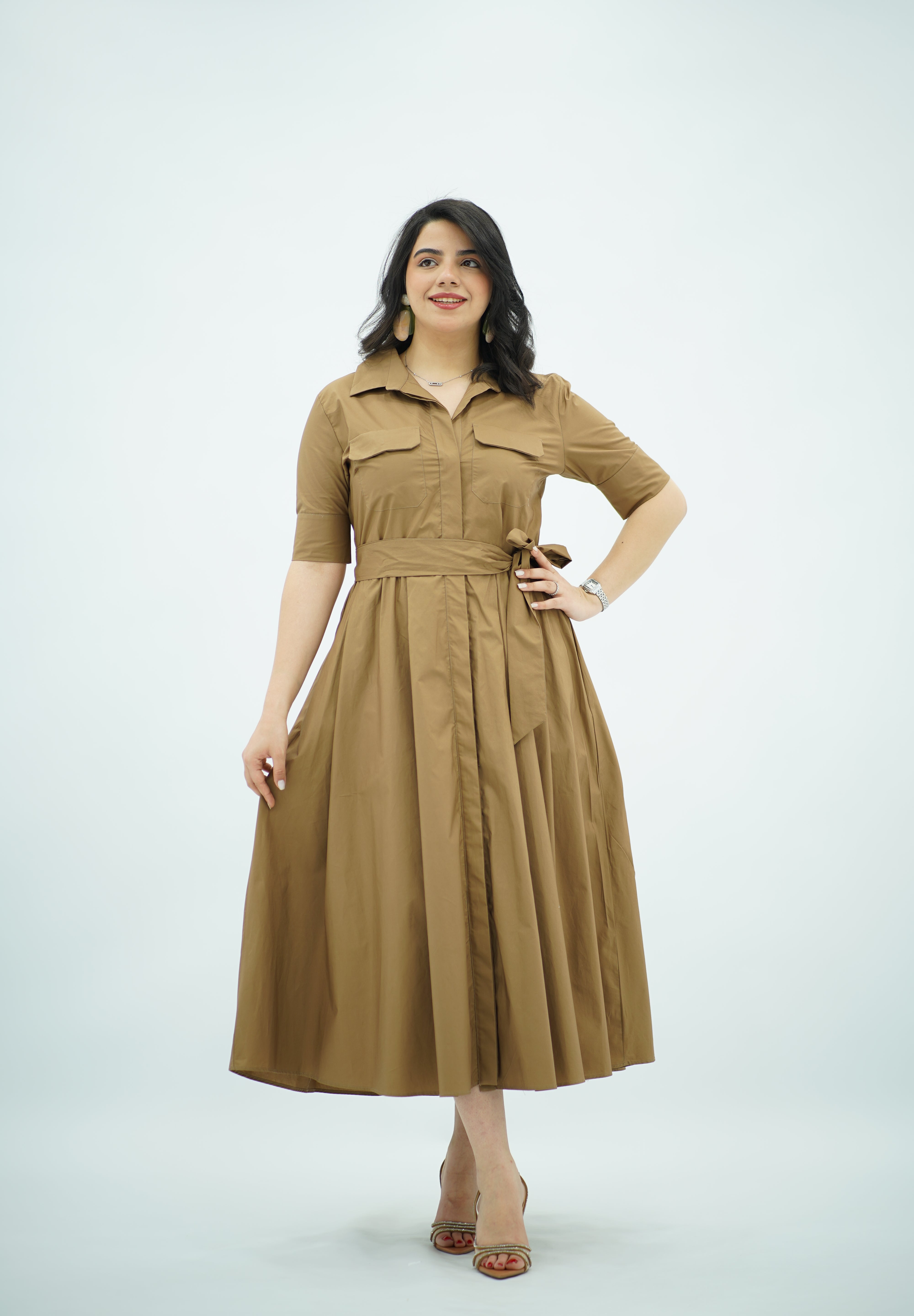 Robe midi Camel en Popeline