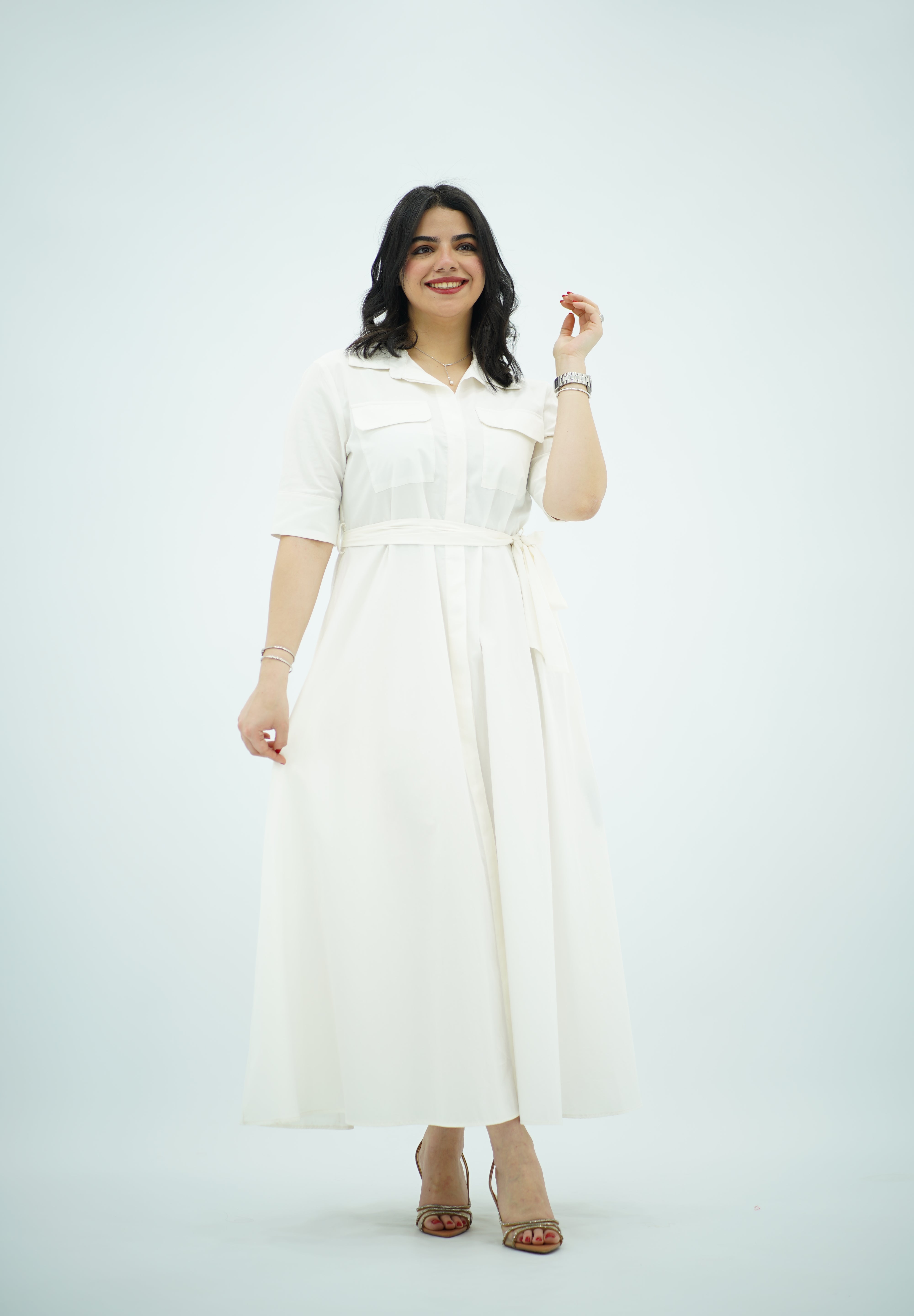Robe Blanche chemise midi ceinturée 🤍