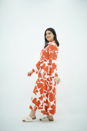 Robe Longue à Motif Floral Abstrait Orange