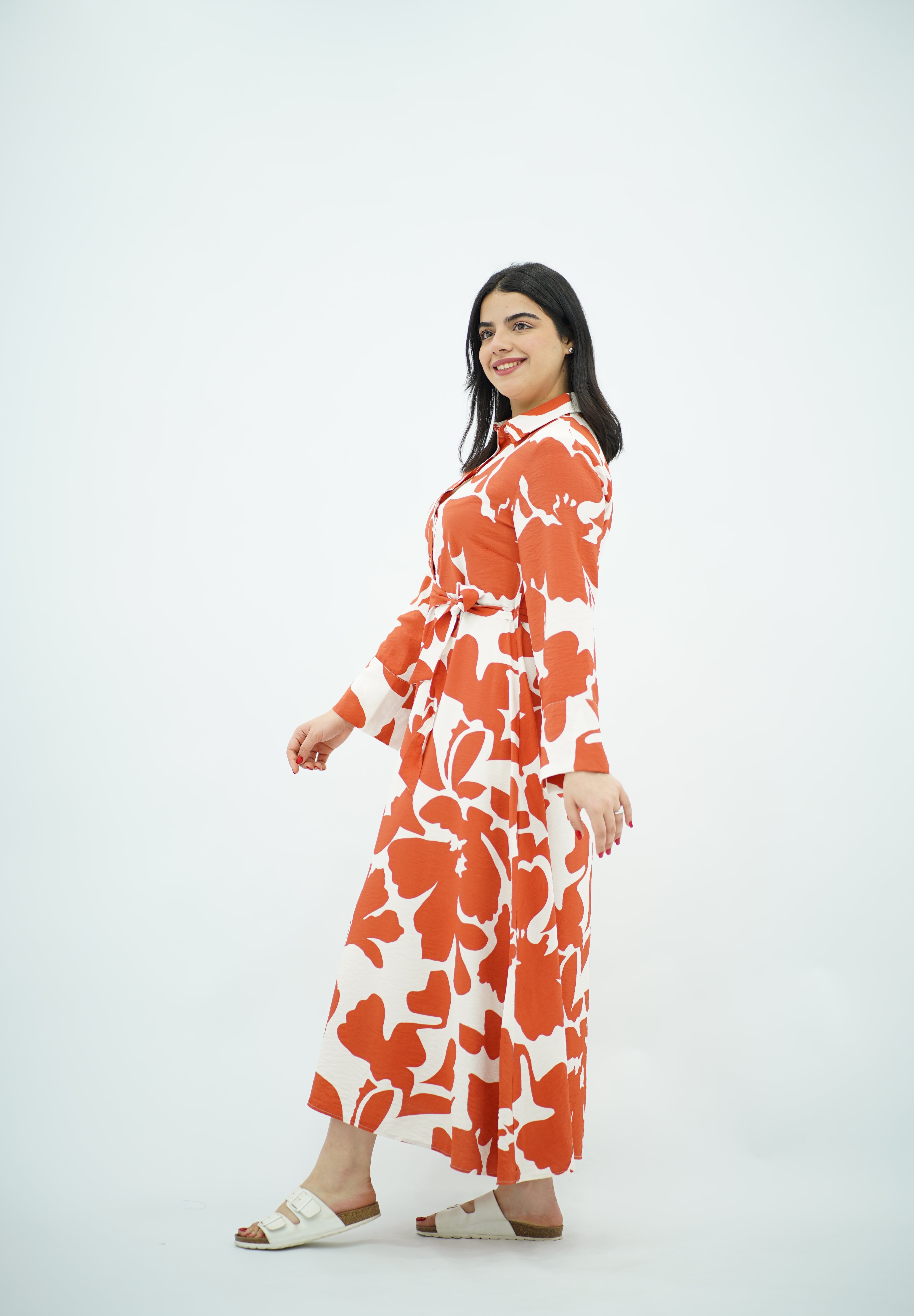 Robe Longue à Motif Floral Abstrait Orange