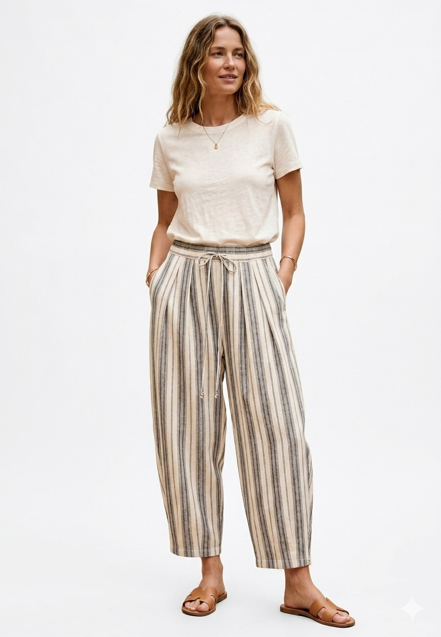 Pantalon Carotte en lin à Rayures