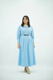 Robe En popeline ceinturé Bleu Ciel