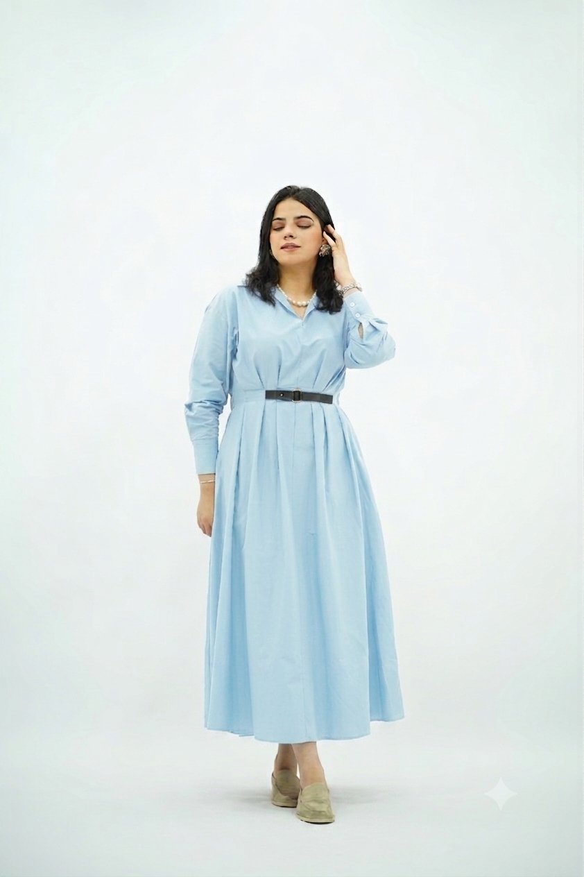 Robe En popeline ceinturé Bleu Ciel