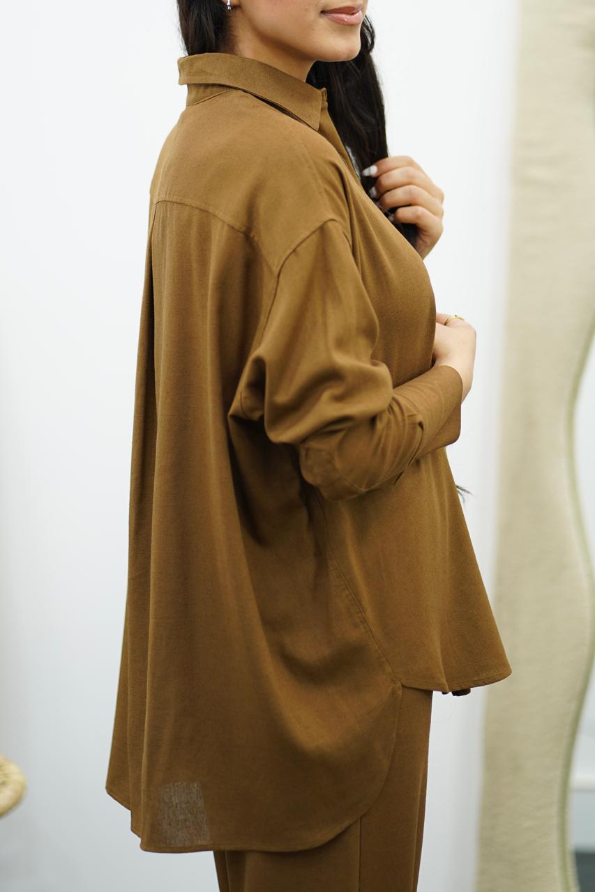 Ensemble Marron en lin chemise & pantalon – Élégance décontractée