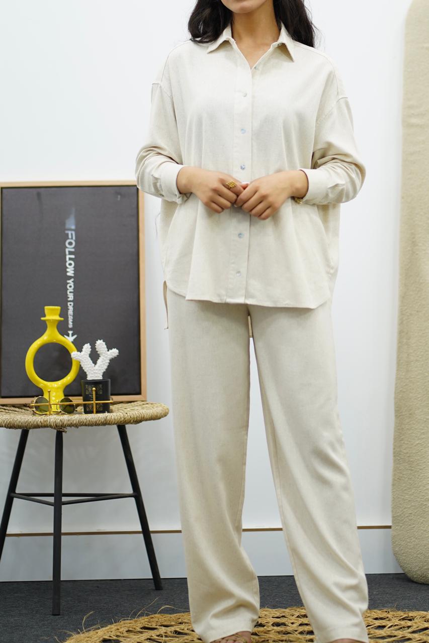 Ensemble Blanc cassé en Lin chemise & pantalon – Élégance décontractée