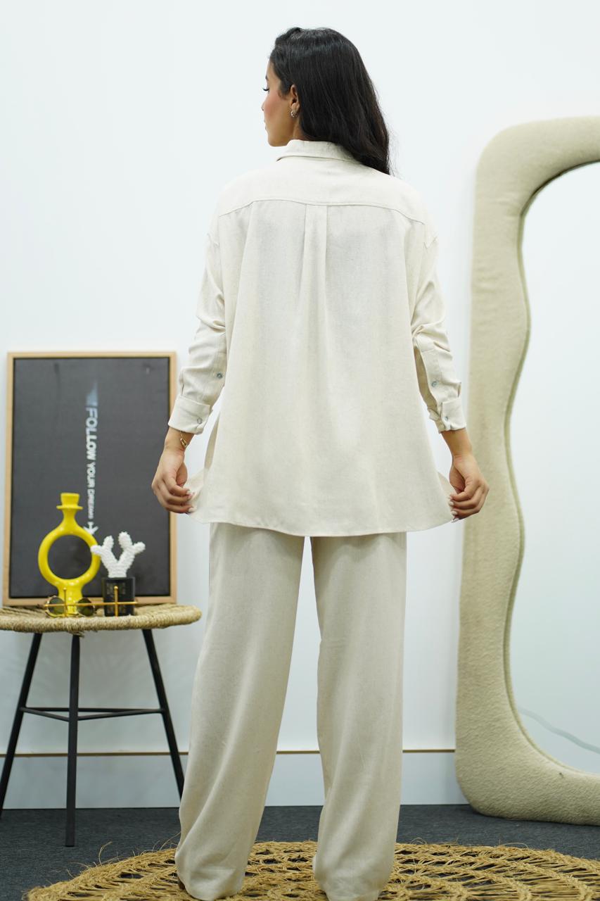 Ensemble Blanc cassé en Lin chemise & pantalon – Élégance décontractée