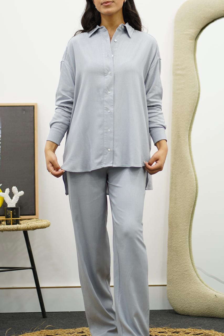 Ensemble gris en Lin chemise & pantalon – Élégance décontractée