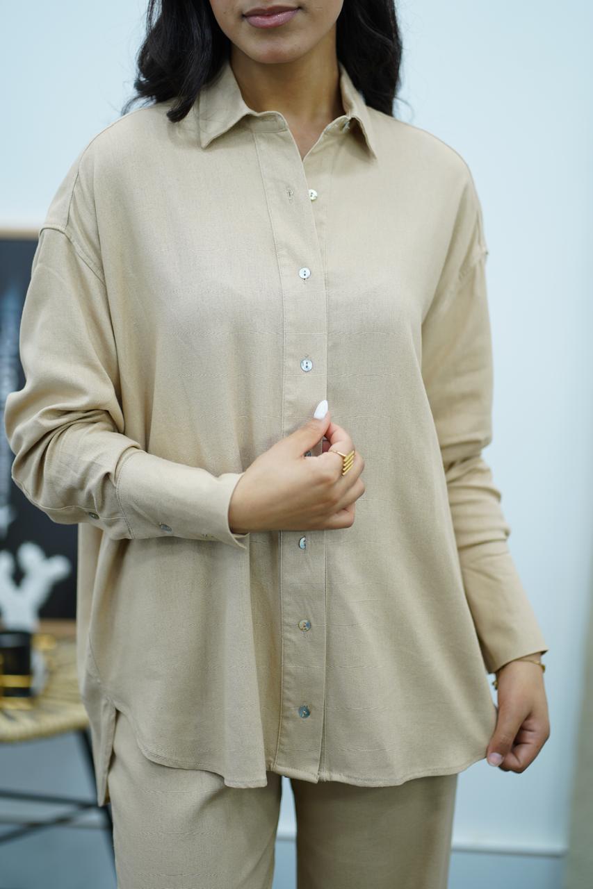 Ensemble Beige en Lin chemise & pantalon – Élégance décontractée
