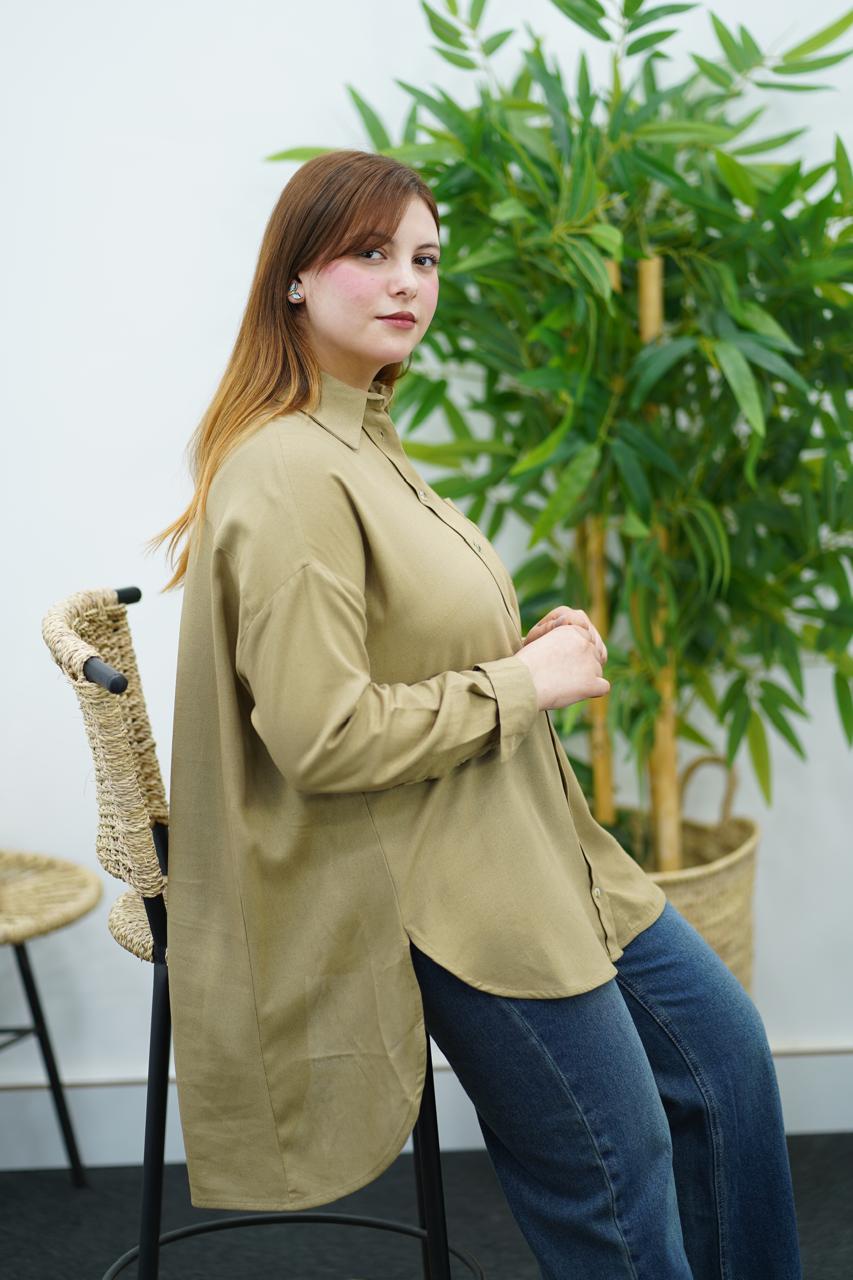 Chemise Oversize Vert Olive en Lin – Élégance Décontractée