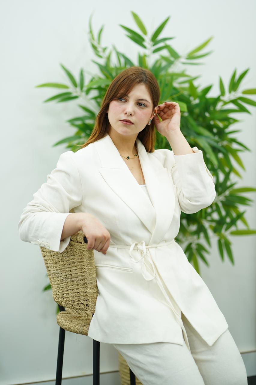 Ensemble en Lin Blanc Cassé Veste et Pantalon