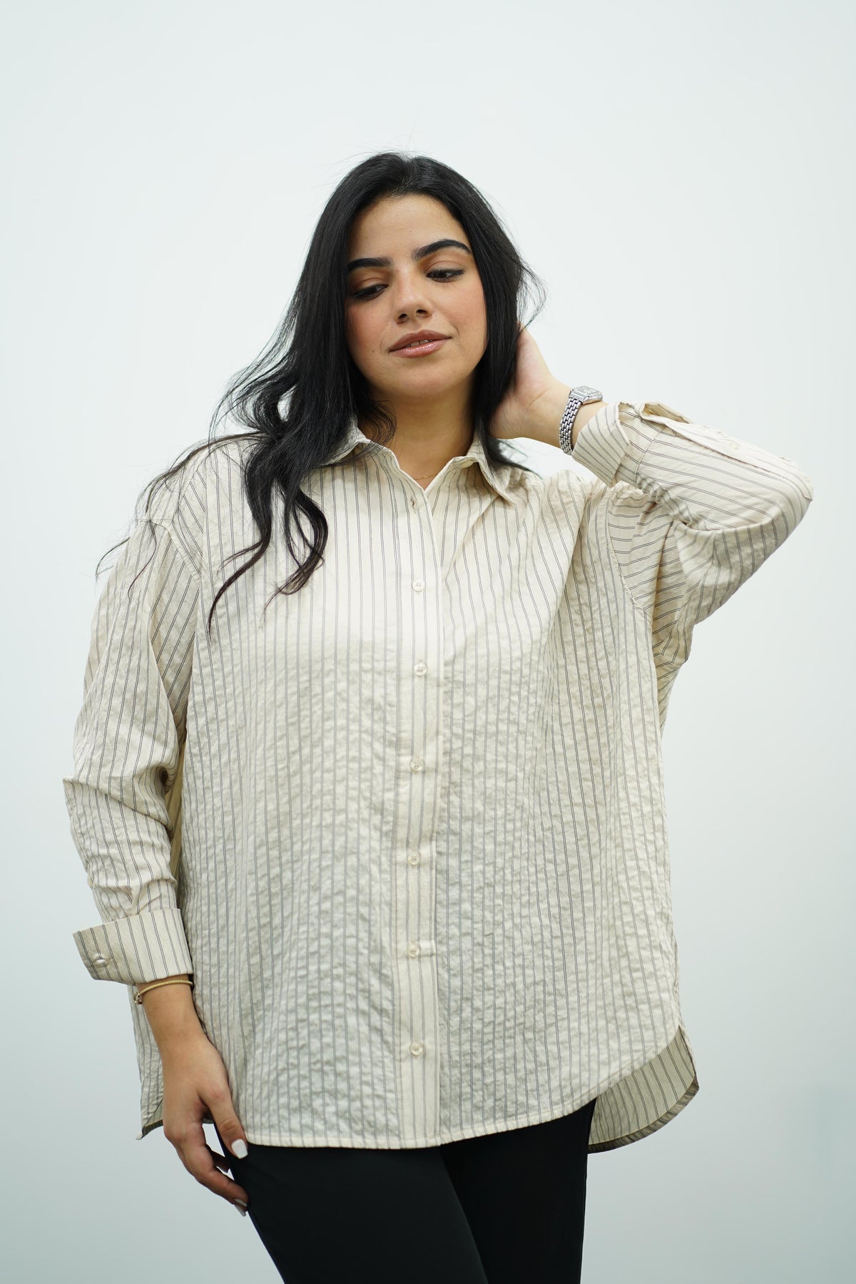 Chemise oversize rayée beige à manches longues