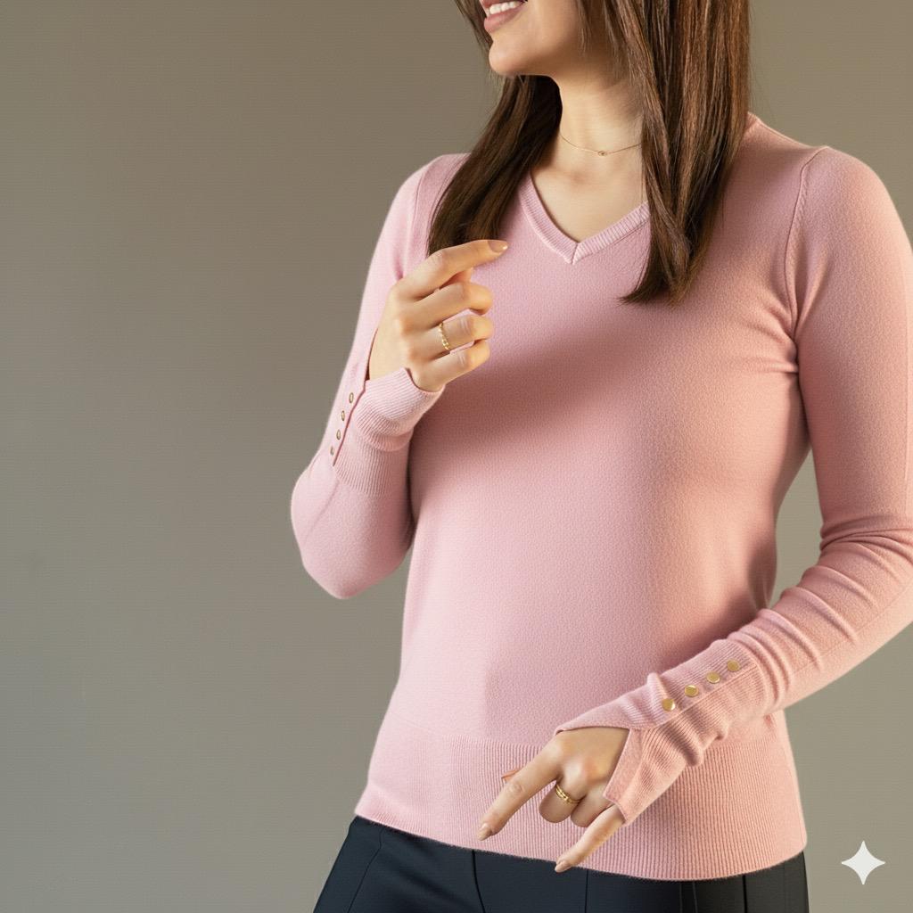 Pulls fin basiques Col V à boutons dorés