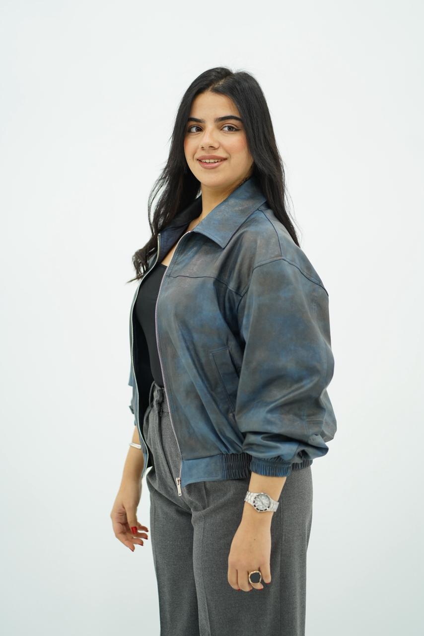 Bomber effet cuir bleu-gris