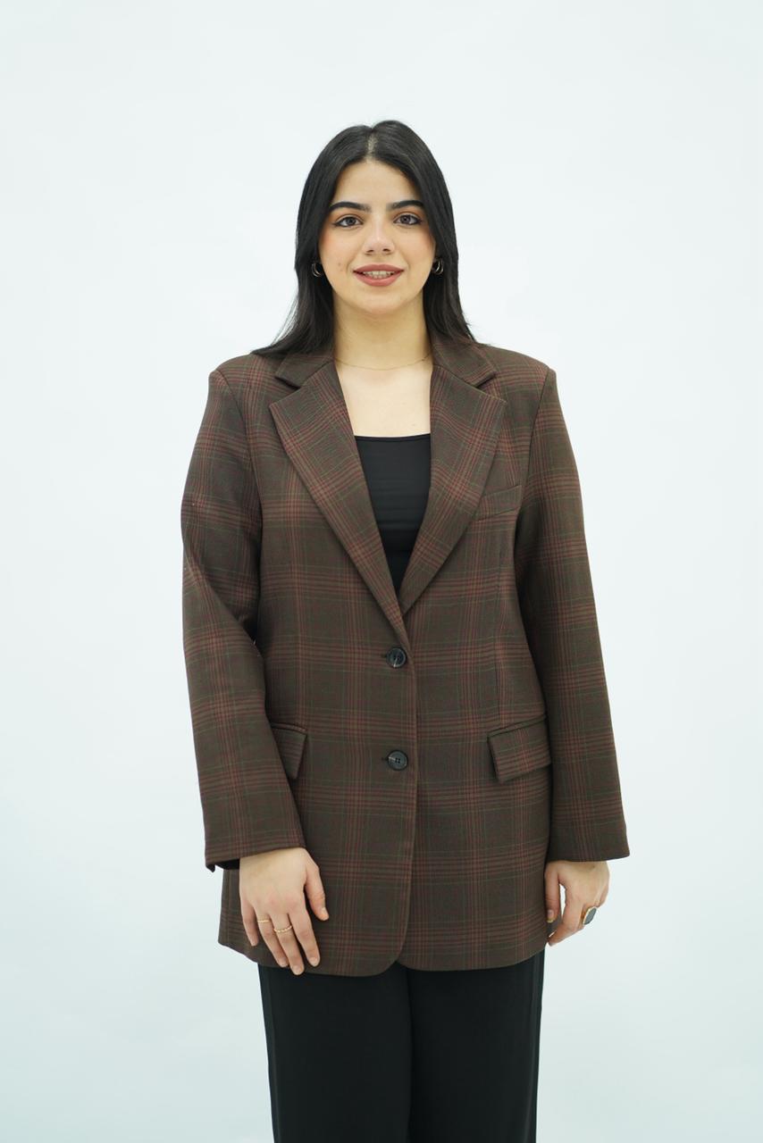 Blazer Structuré à Carreaux Chocolat