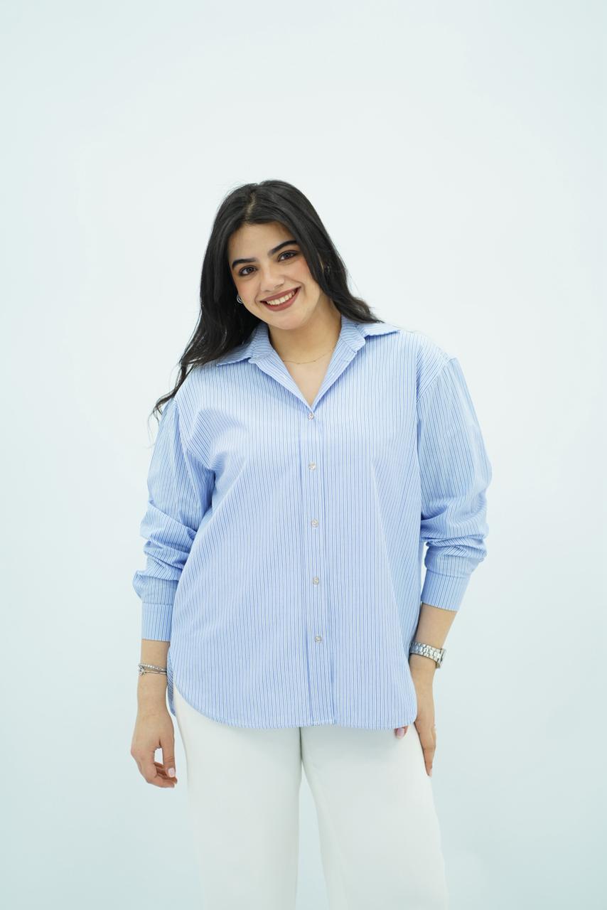 Chemise Rayée En Popeline - Bleu Ciel